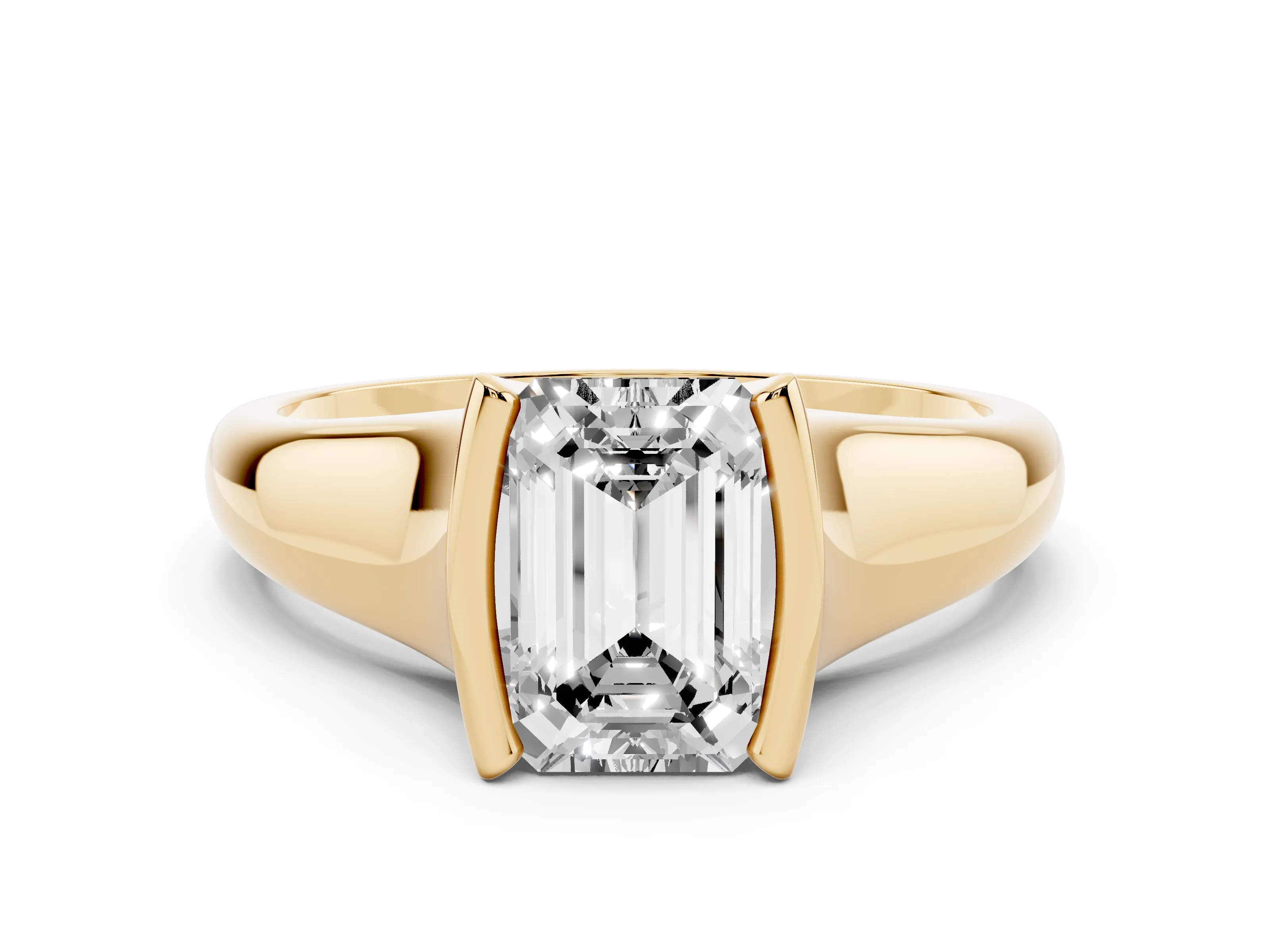 Emerald Cut Diamond Solitaire Tension Set Ring Set in Yellow gold with Split Shank Band