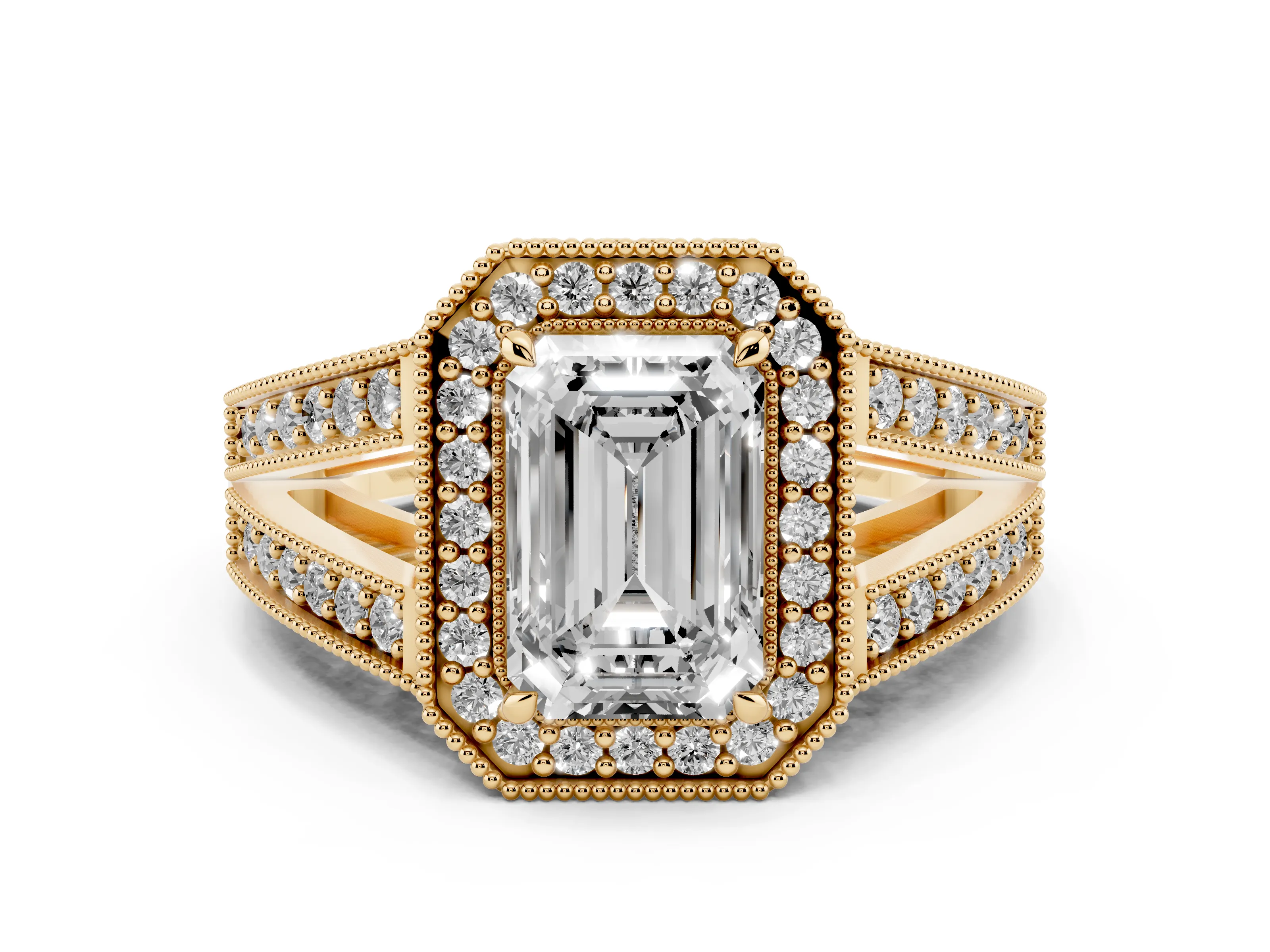 Emerald Cut Diamond Halo Ring Set in Yellow gold with Stone-Set Split Shank and Milgrain Edges