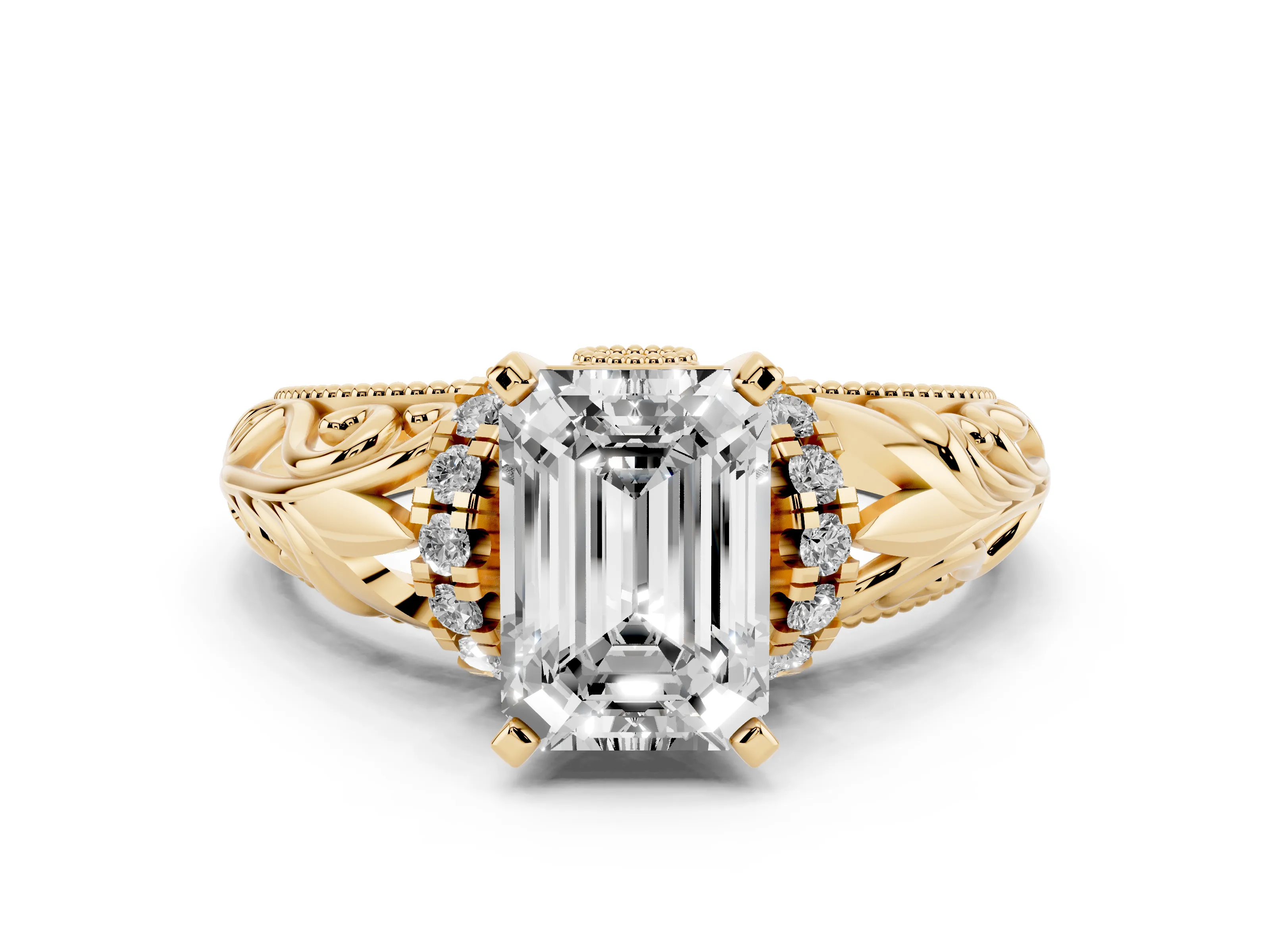 Emerald Cut Diamond Filigree Halo Engagement Ring Set in Yellow gold with Prong Setting