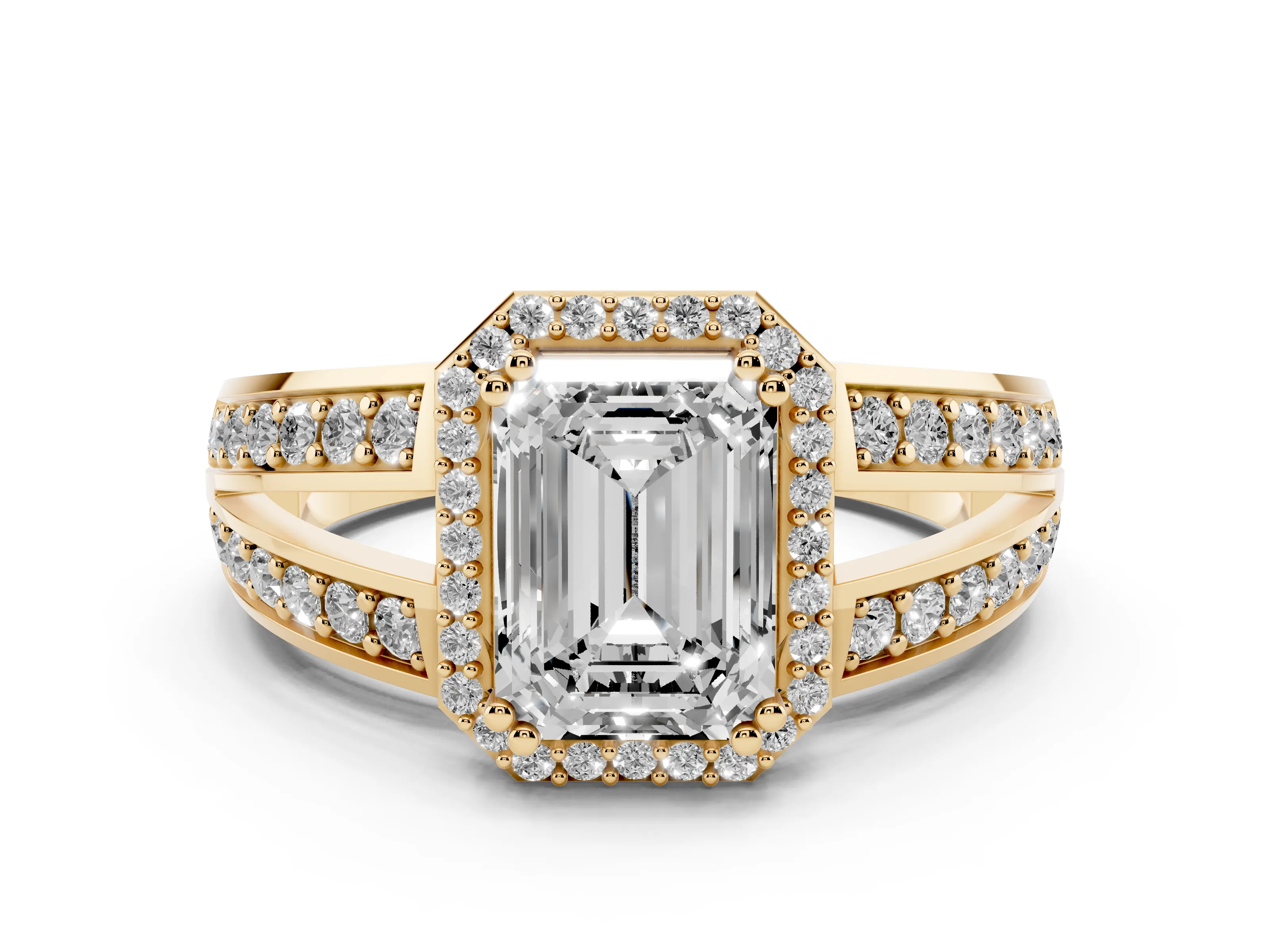 Emerald Cut Diamond Halo Ring Set in Yellow gold with Double Pavé Split Shank