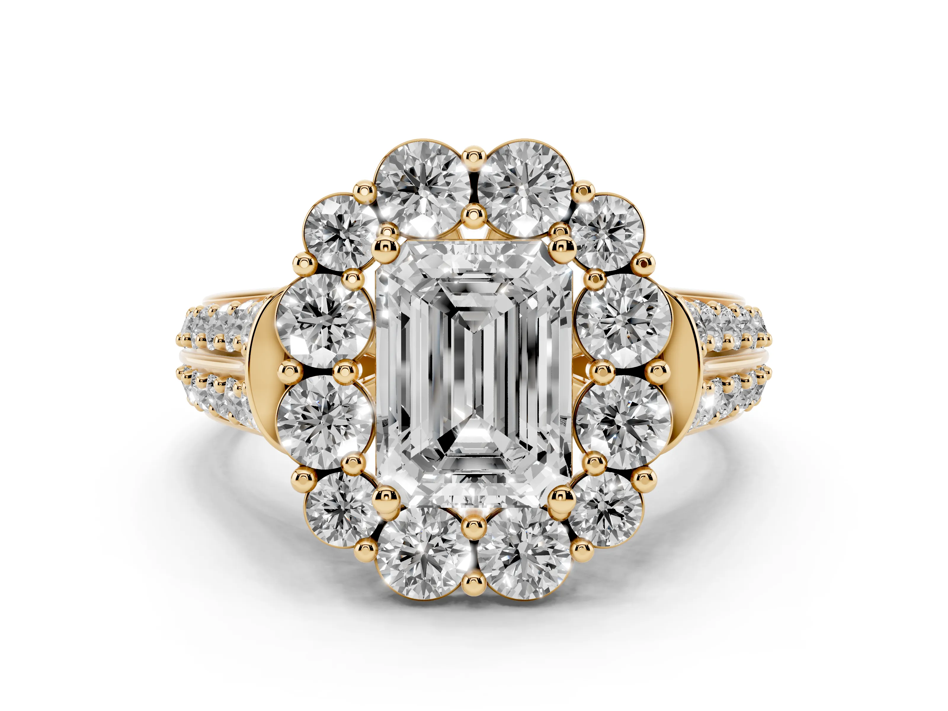 Emerald Cut Diamond Halo Engagement Ring Set in Yellow gold with Split Shank and Prong Setting