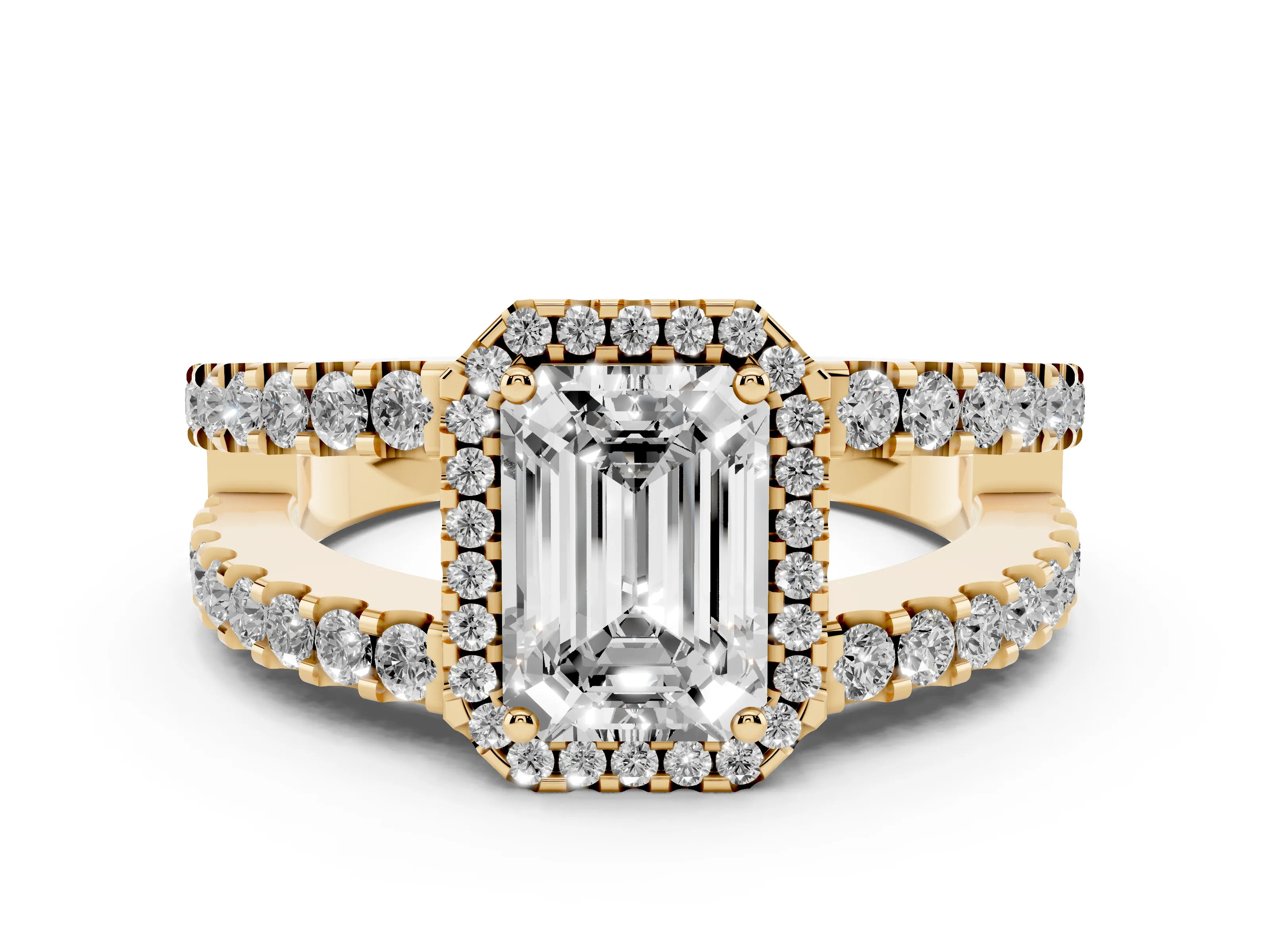 Emerald Cut Diamond Halo Ring Set in Yellow gold with Pavé Split Shank and Prong Setting