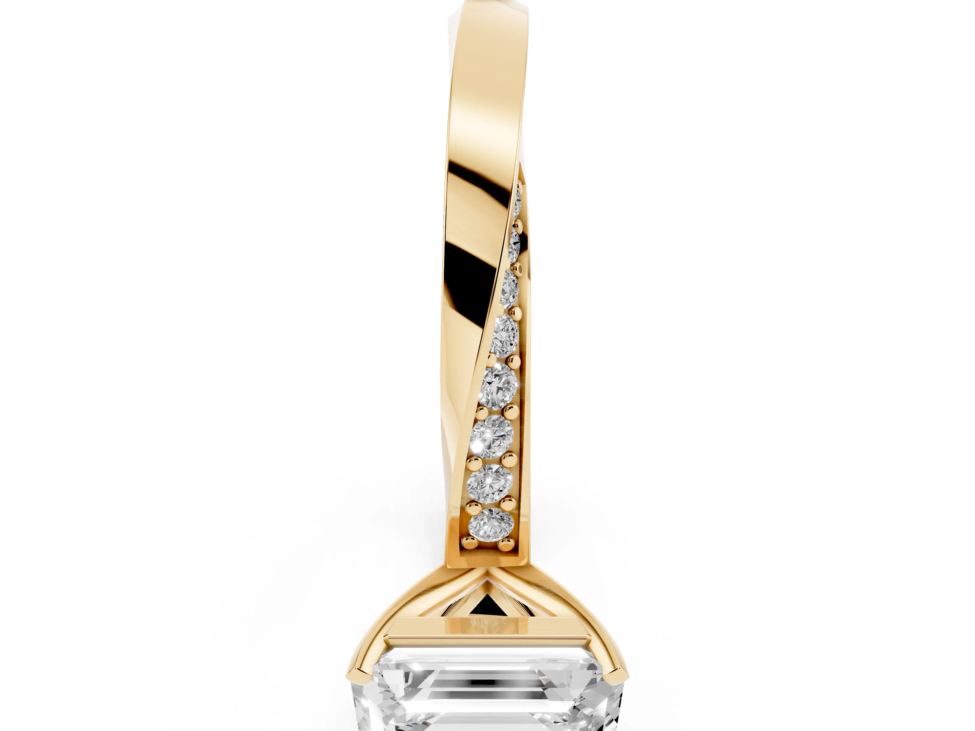 Emerald Cut Diamond Engagement Ring Set in Yellow gold with Side Stone Accents and Prong Setting