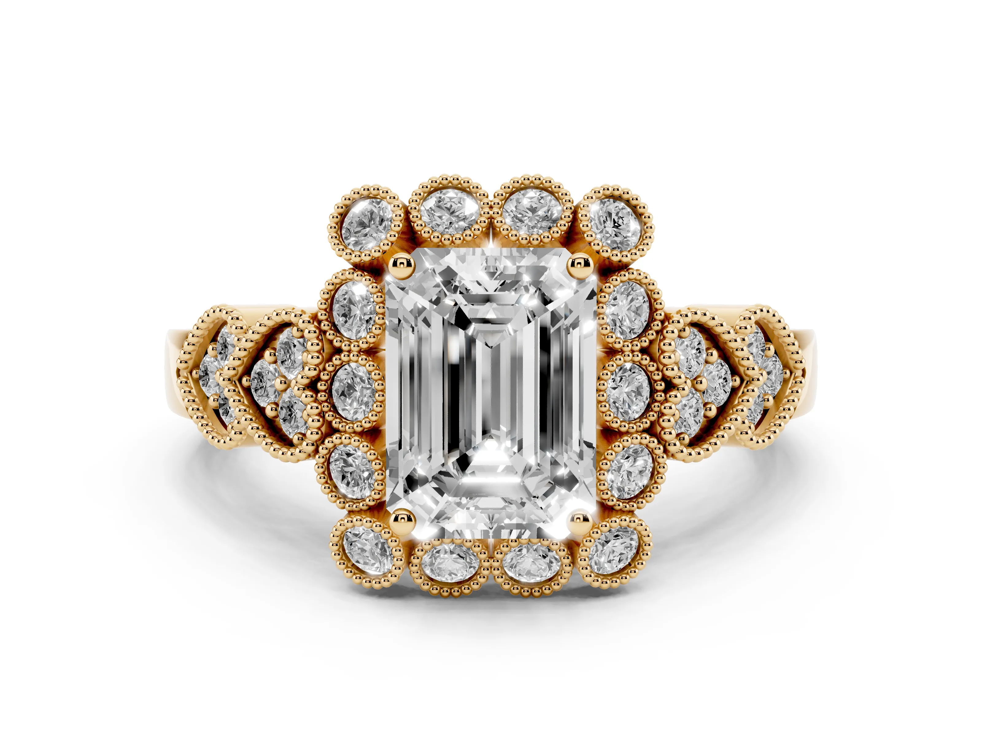 Emerald Cut Diamond Solitaire Ring Set in Yellow gold with Milgrain Pavé Heart Band