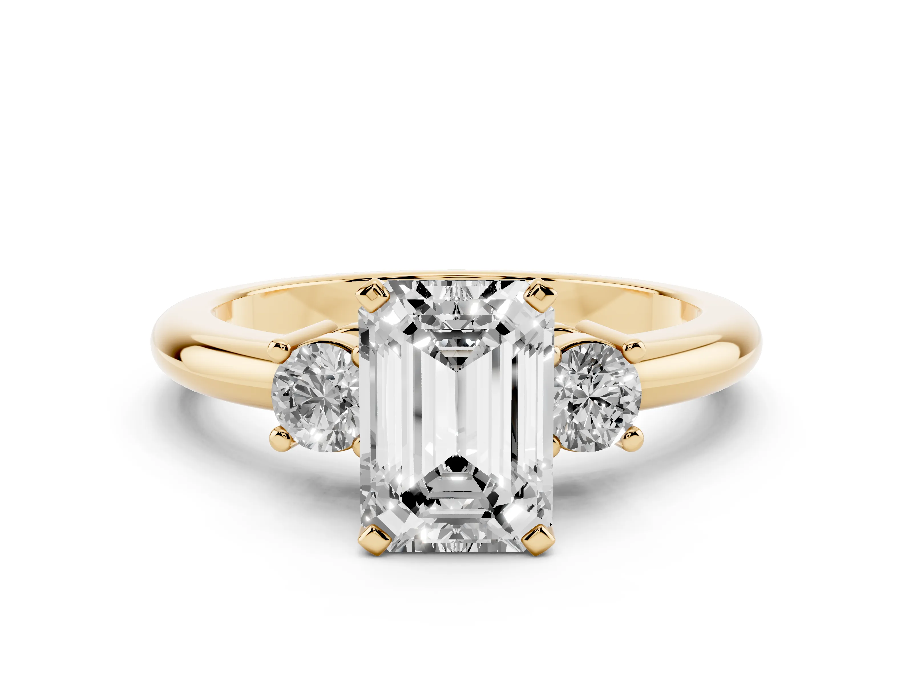 Three-Stone Emerald Cut Diamond Ring Set in Yellow gold with Prong Setting and Plain Band