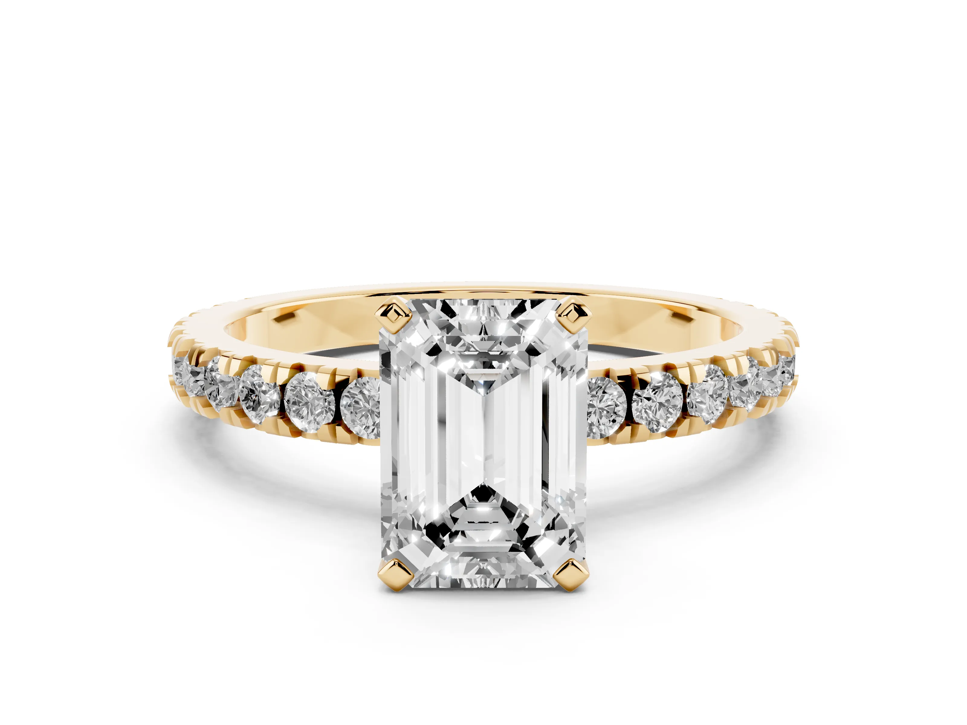 Emerald Cut Diamond Pavé Band Solitaire Set in Yellow gold with Prong Setting