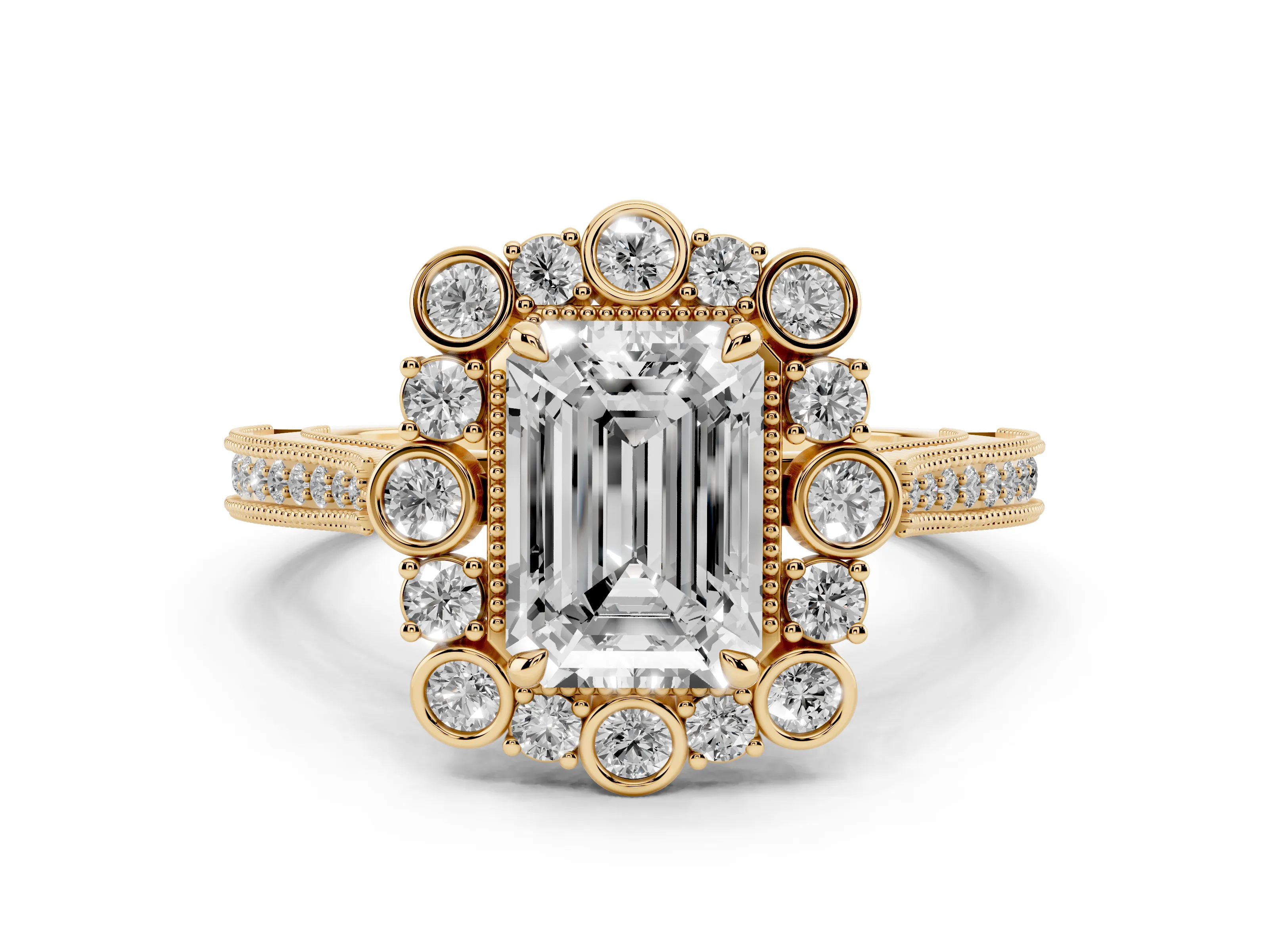 Emerald Cut Diamond Halo Milgrain Pavé Ring Set in Yellow gold with Prong Setting