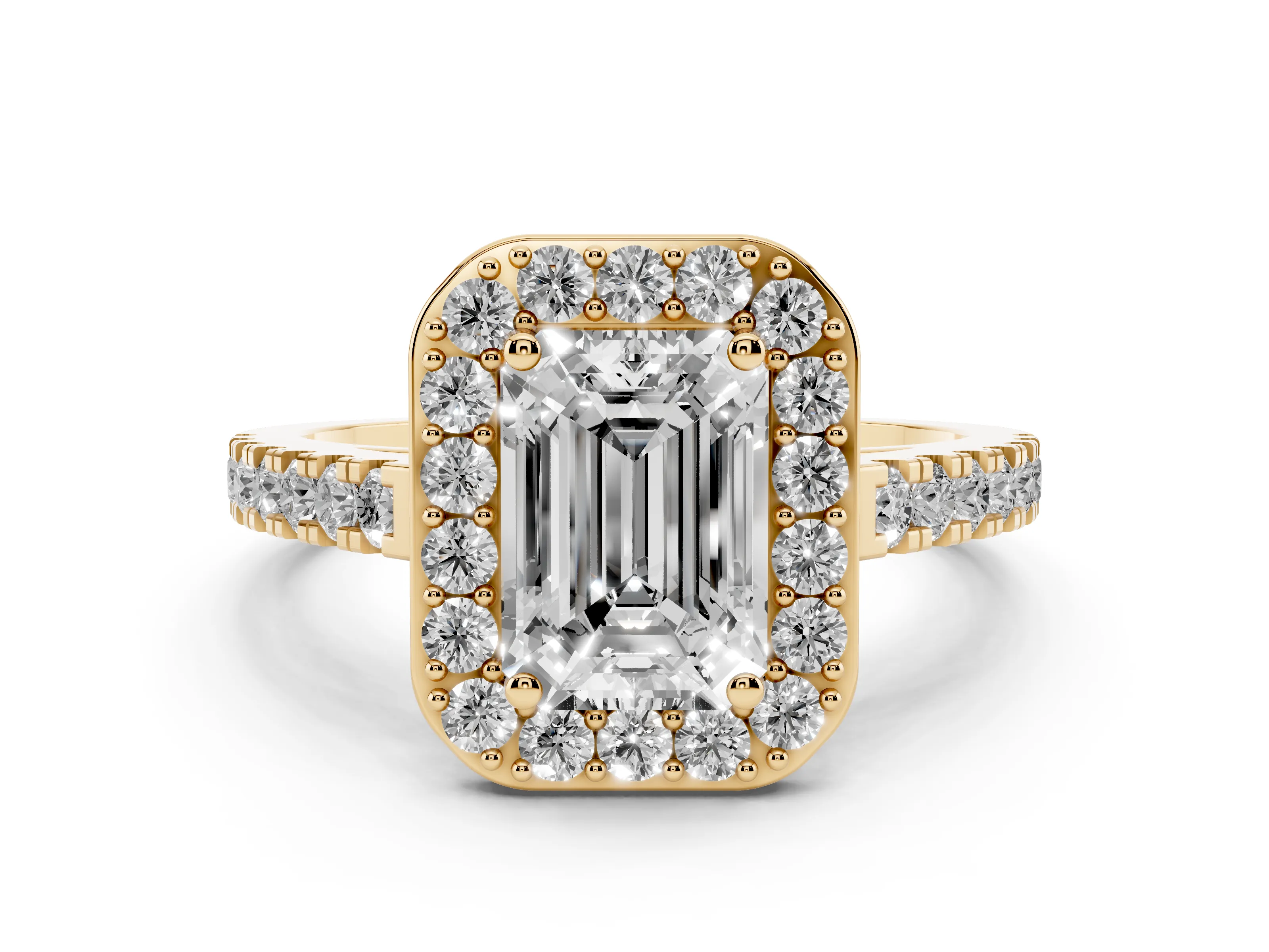Emerald Cut Diamond Halo Ring Set in Yellow gold with Round Pavé Split Shank and Prong Setting