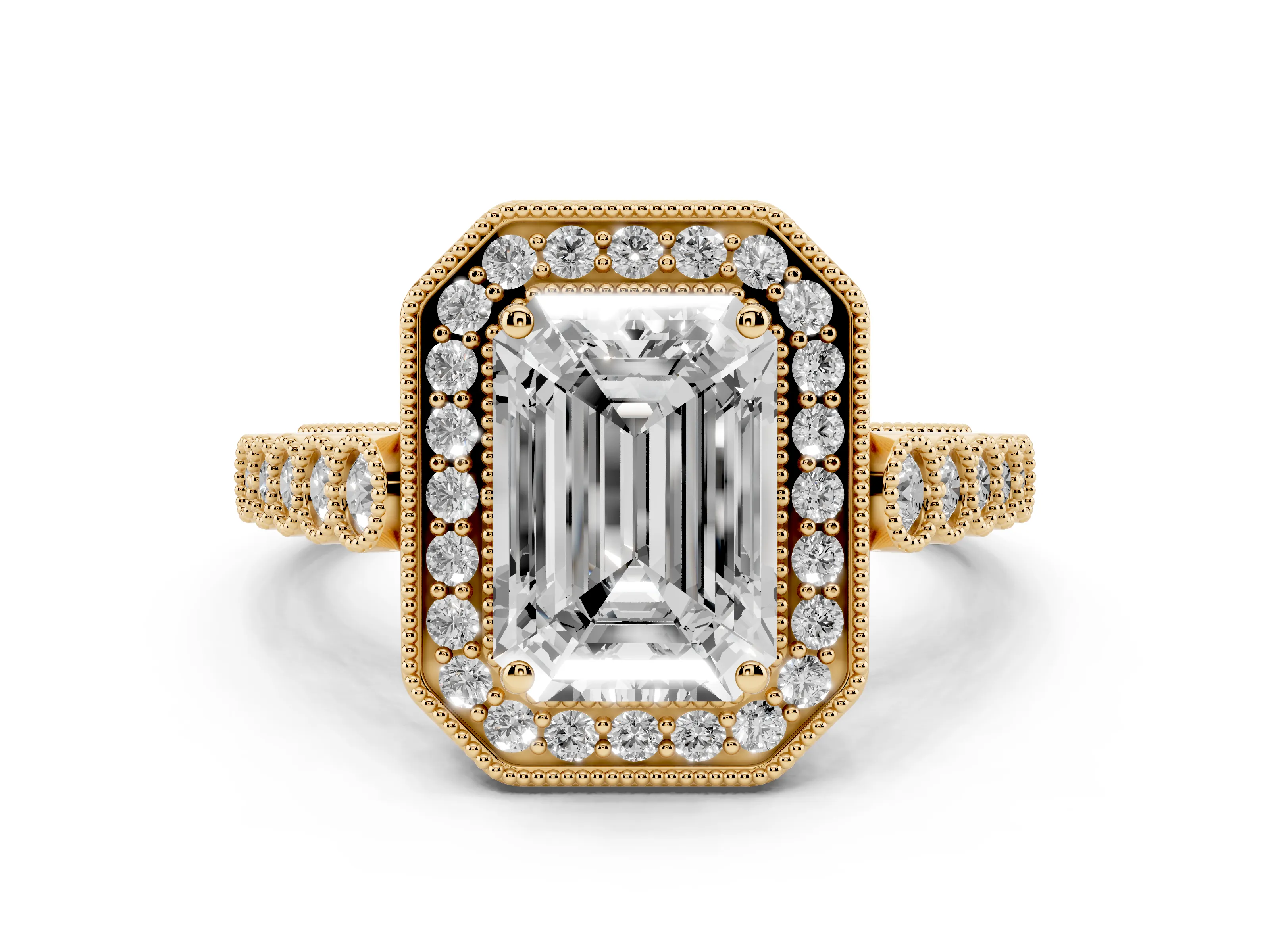 Emerald Cut Diamond Milgrain Halo Solitaire Ring Set in Yellow gold with Bezel Set Side Stones and Pavé Band