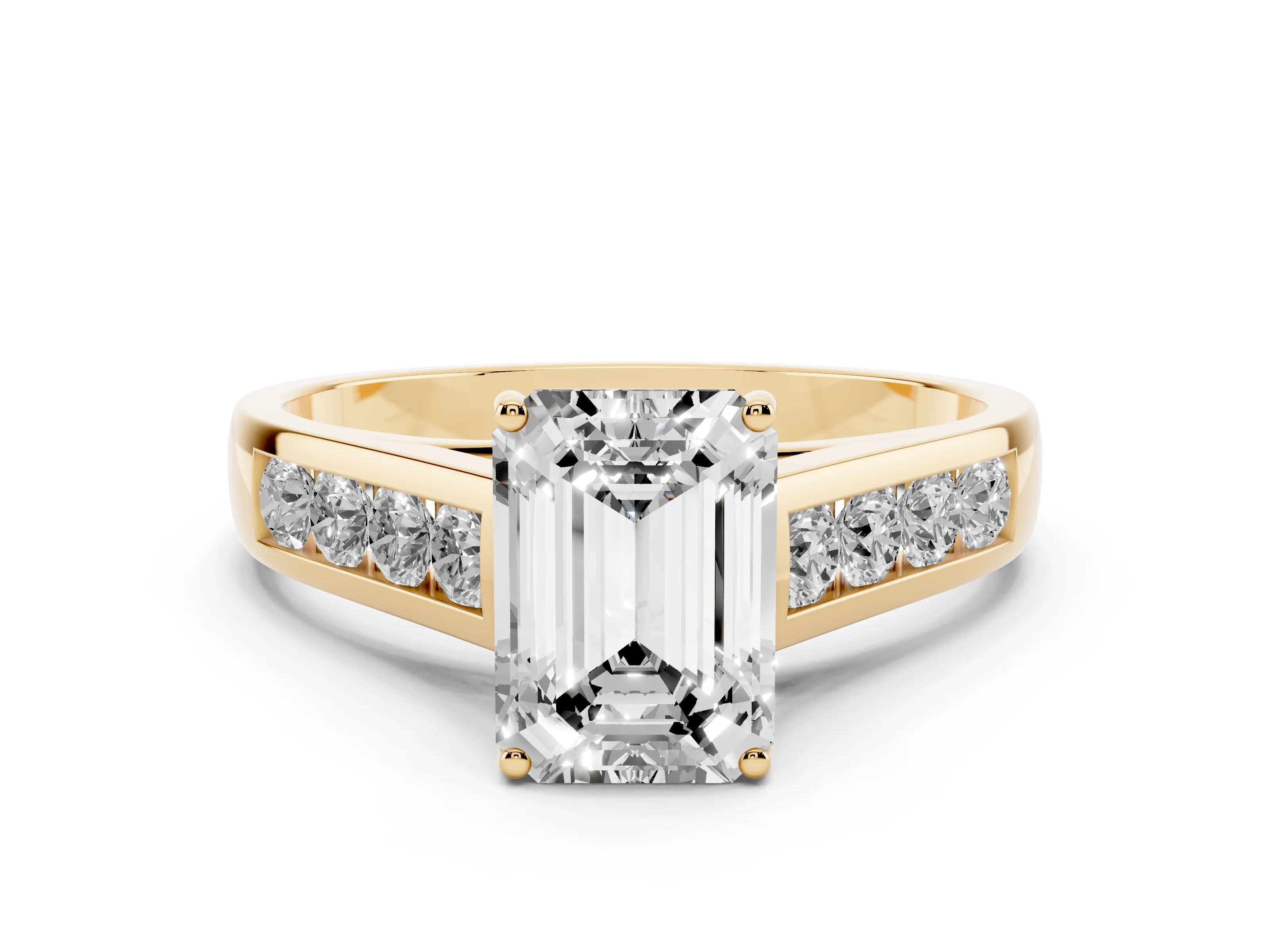 Emerald Cut Diamond Solitaire Channel-Set Engagement Ring Set in Yellow gold with Prong Setting