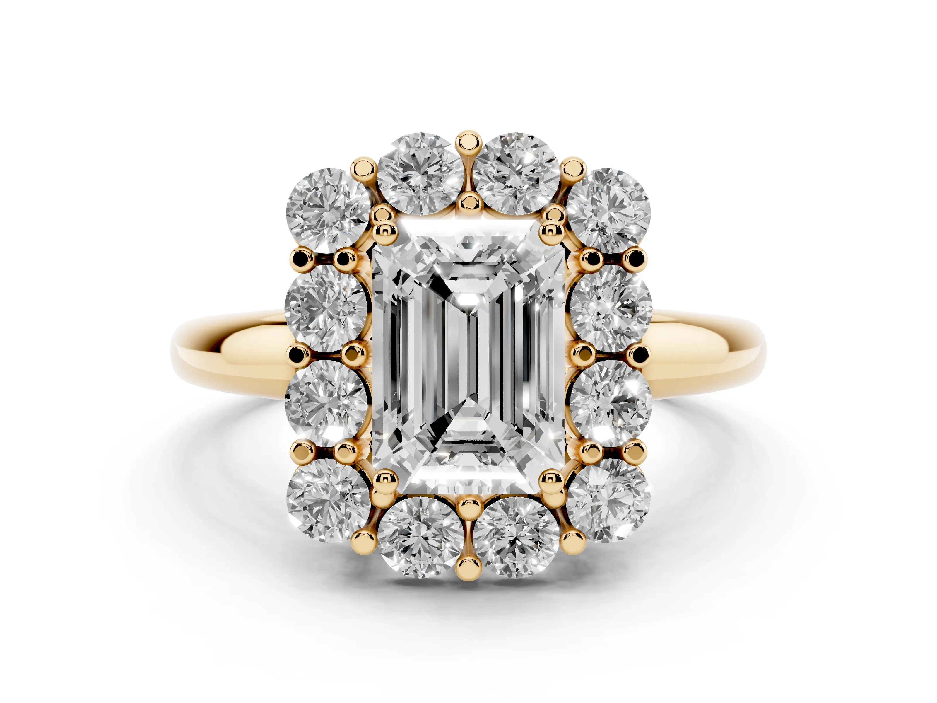 Emerald Cut Diamond Halo Cluster Engagement Ring Set in Yellow gold with Polished Band and Prong Setting