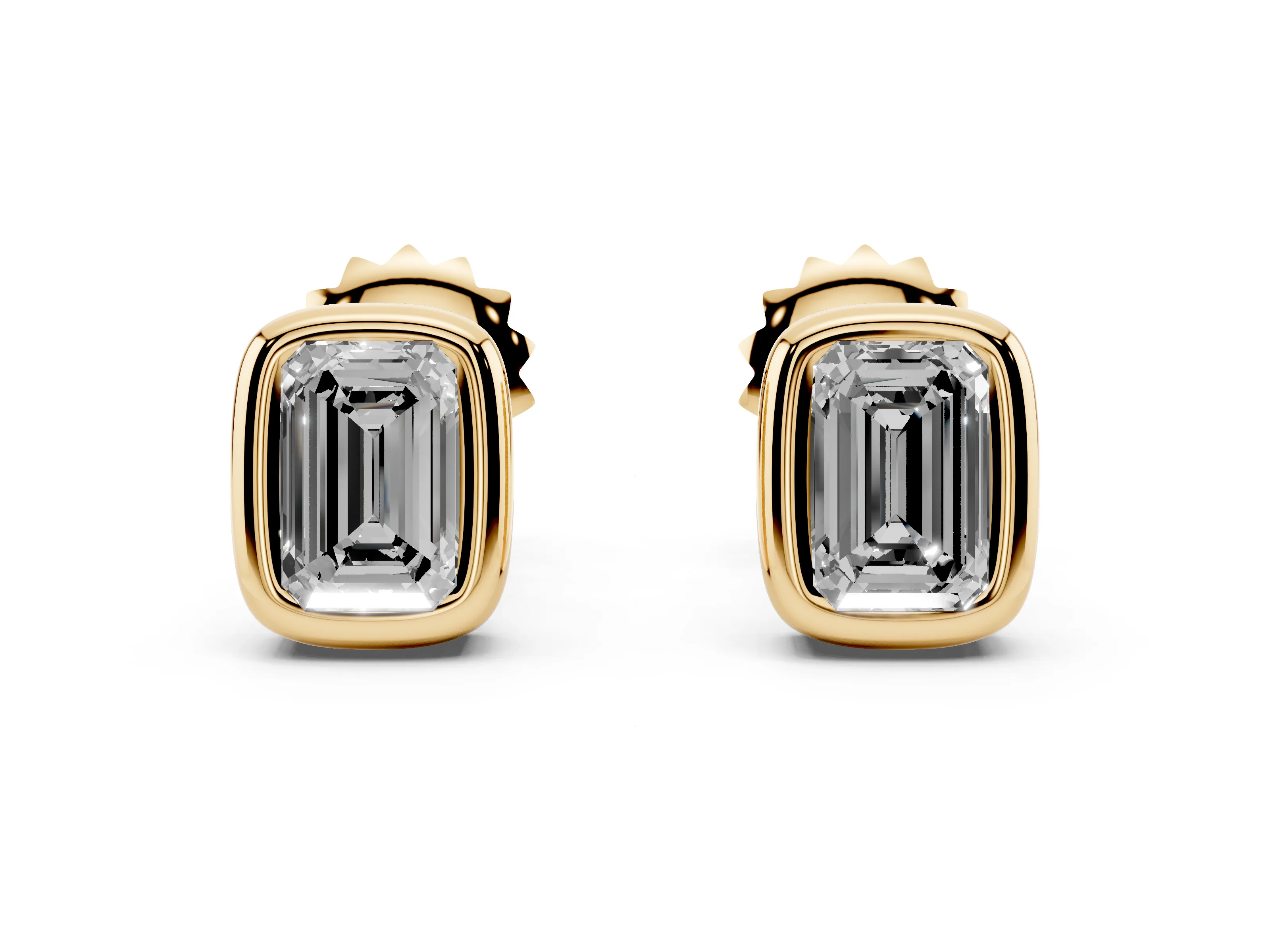 Emerald Cut Lab-Grown Diamond Bezel Solitaire Stud Earrings | Polished Rim | Yellow Gold