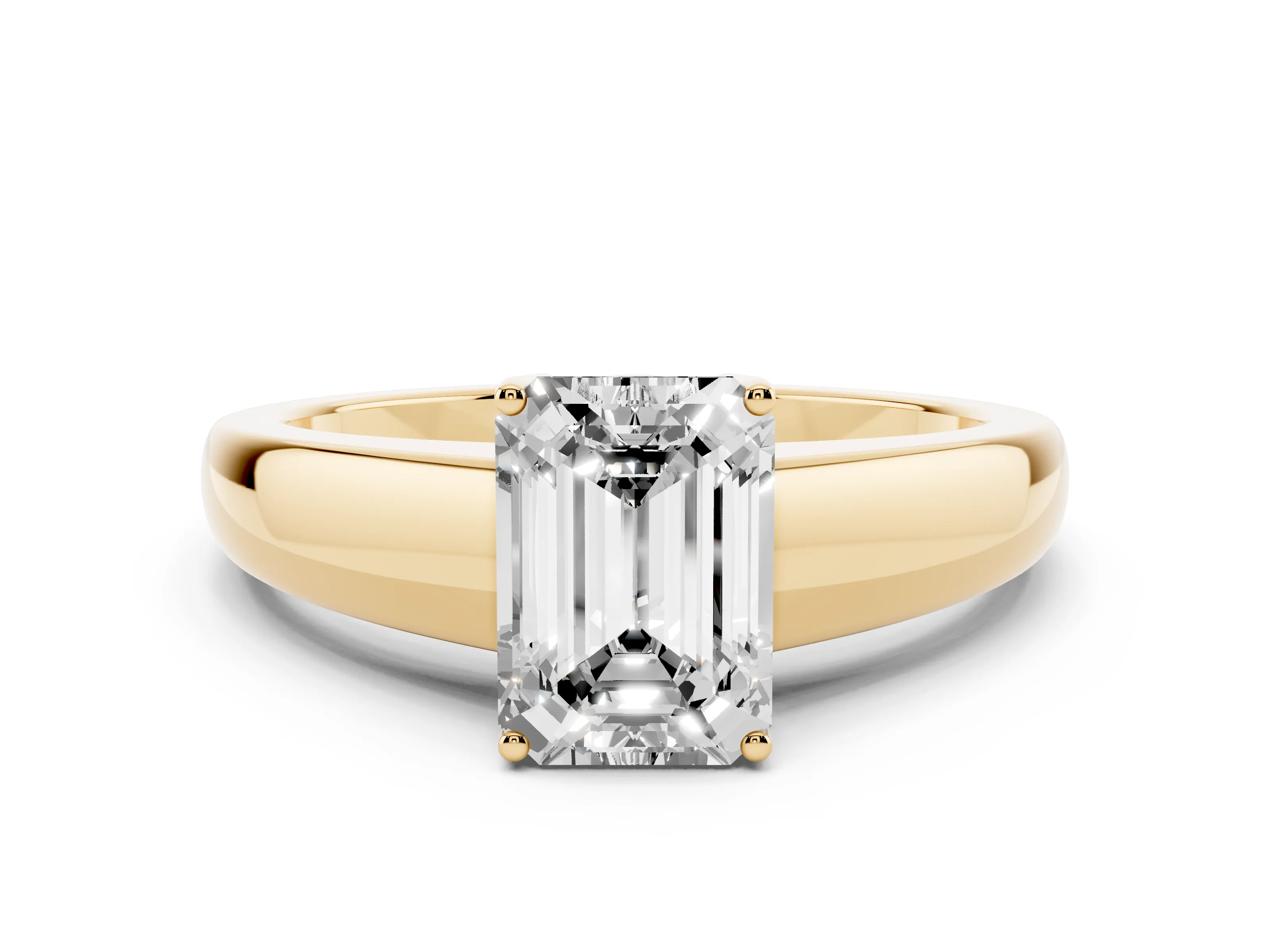 Emerald Cut Diamond Solitaire Ring Set in Yellow gold with Tapered Band and Prong Setting