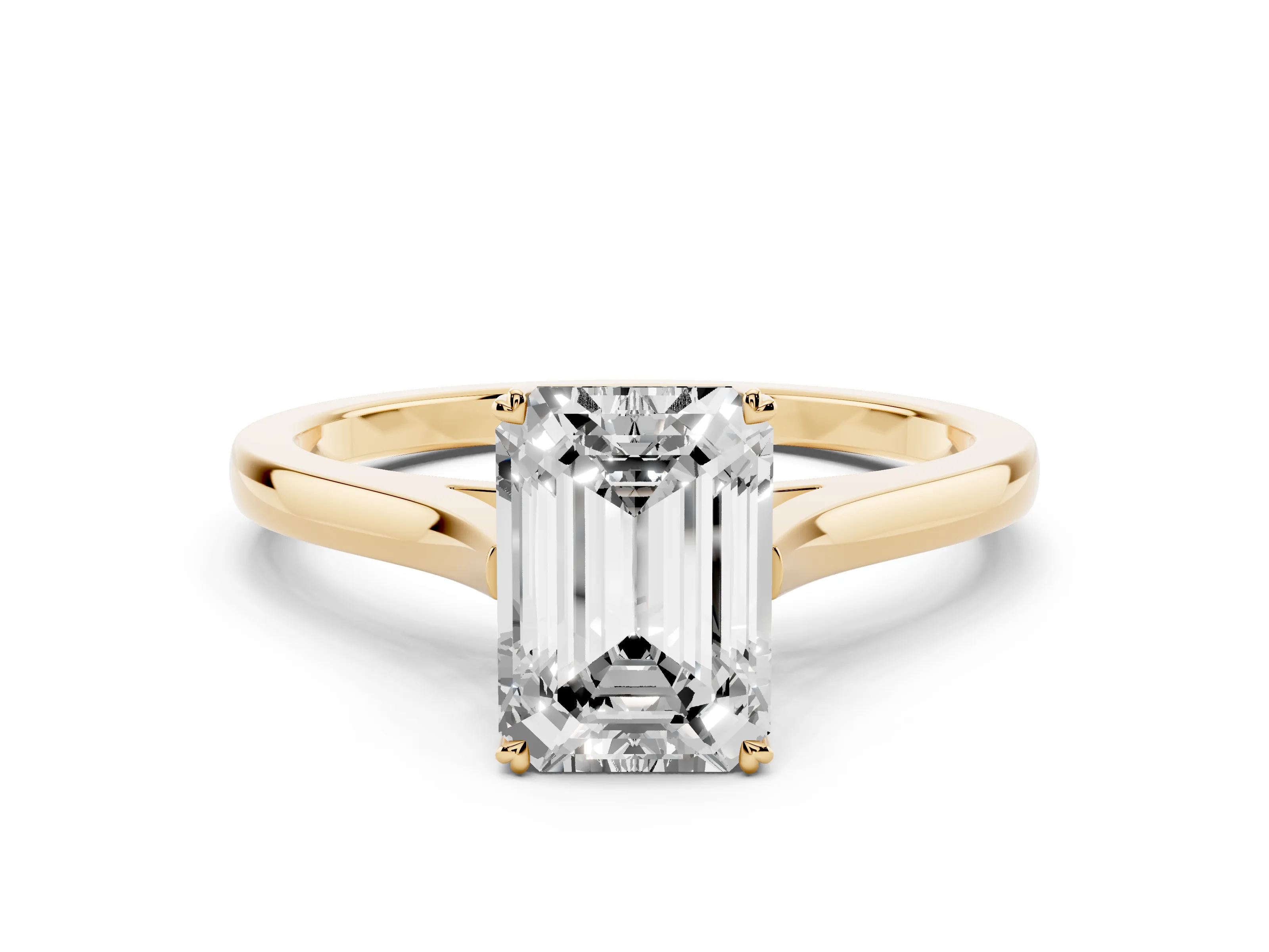 Emerald Cut Diamond Solitaire Heart Prong Engagement Ring Set in Yellow gold with Tapered Band