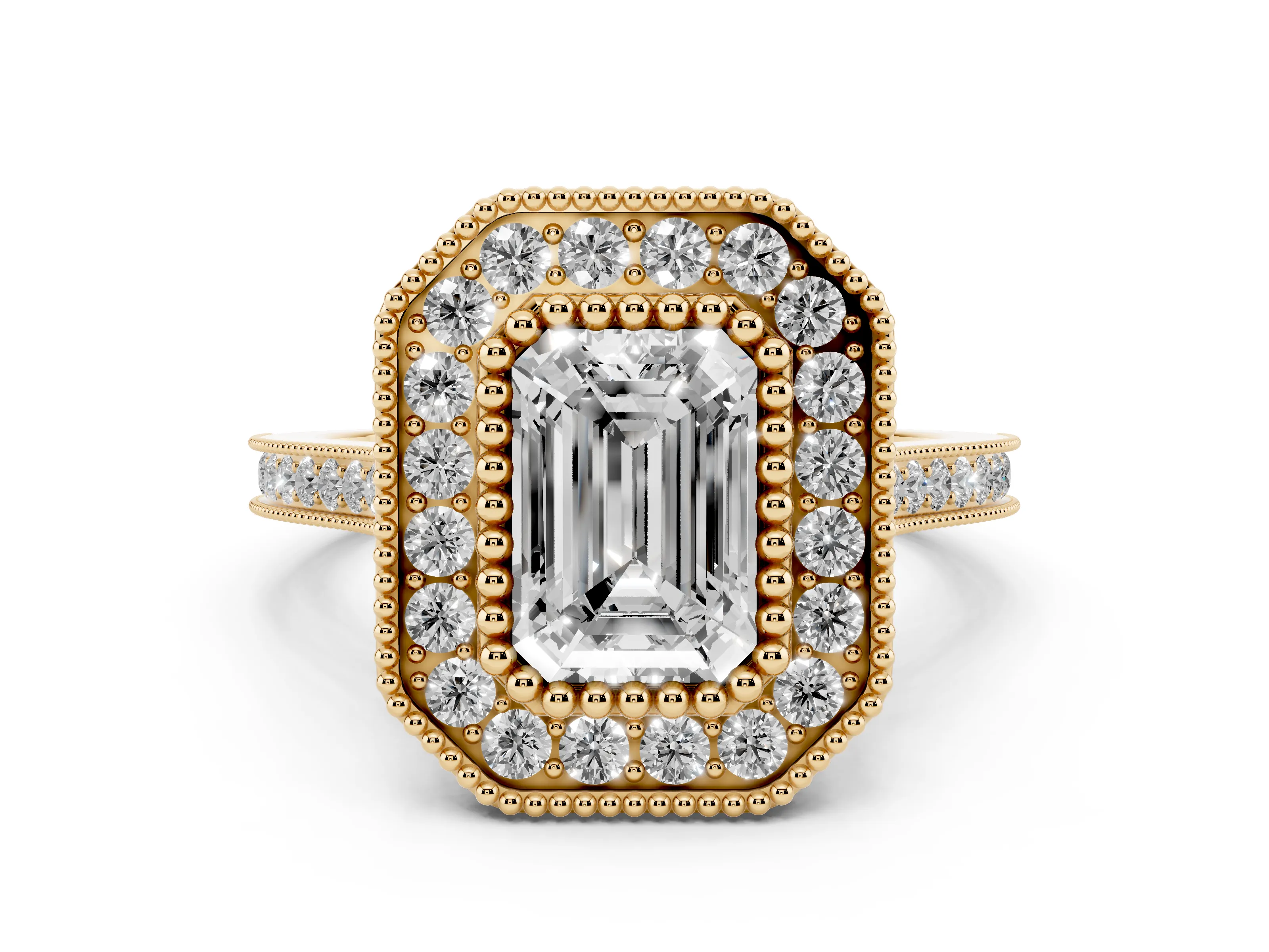 Emerald Cut Diamond Halo Ring Set in Yellow gold with Milgrain Frame and Pavé Band