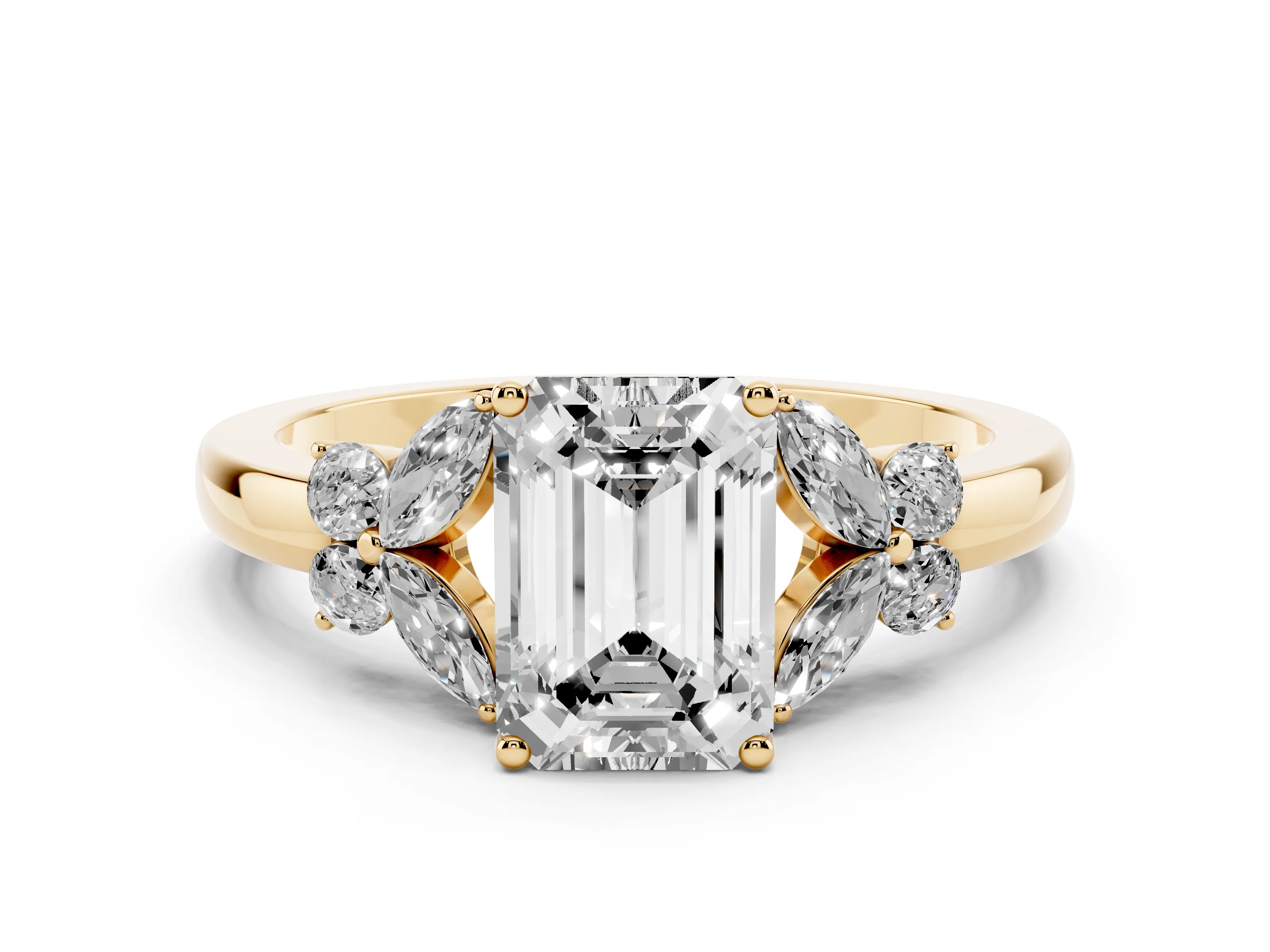 Emerald Cut Diamond Solitaire Floral Ring Set in Yellow gold with Marquise Petals and Prong Setting
