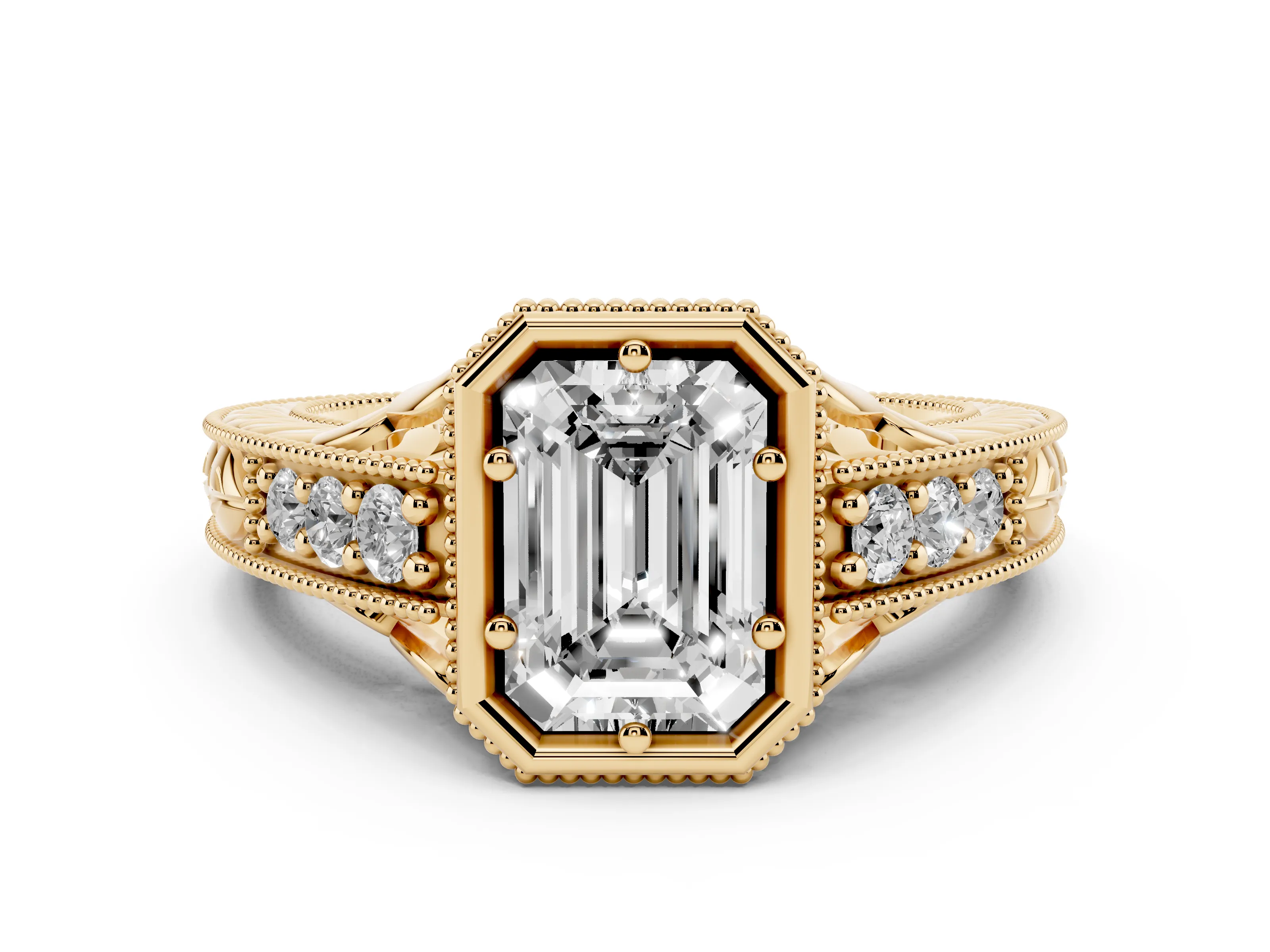 Bezel Set Emerald Cut Diamond Milgrain Pavé Engagement Ring Set in Yellow gold