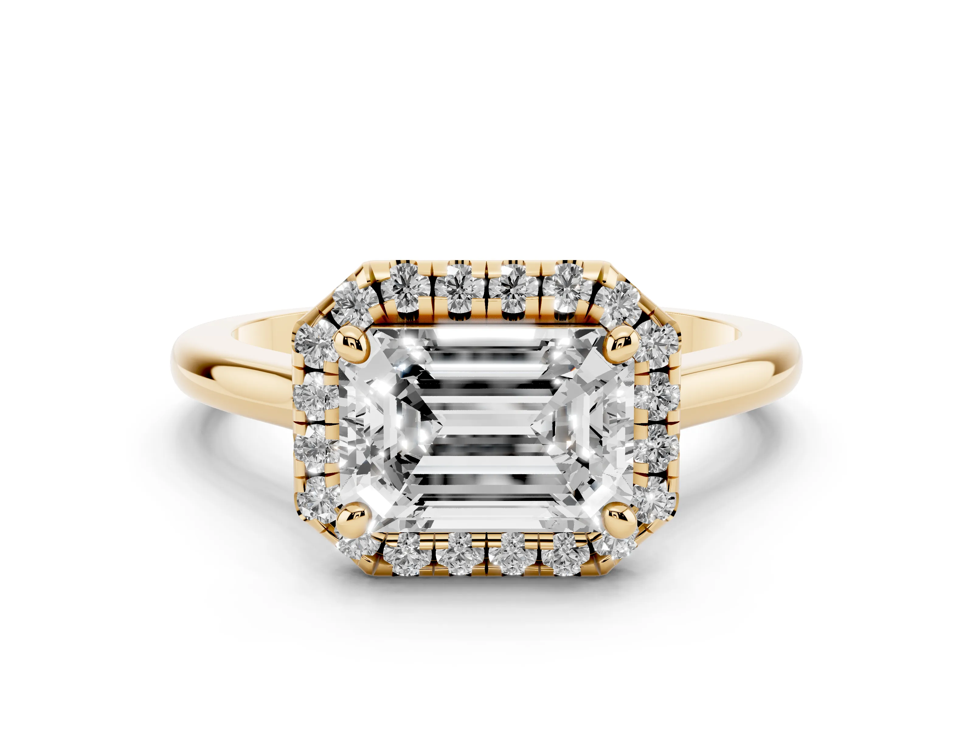 Emerald Cut Diamond Halo Engagement Ring Set in Yellow gold with Pavé Band and Rising Shoulders