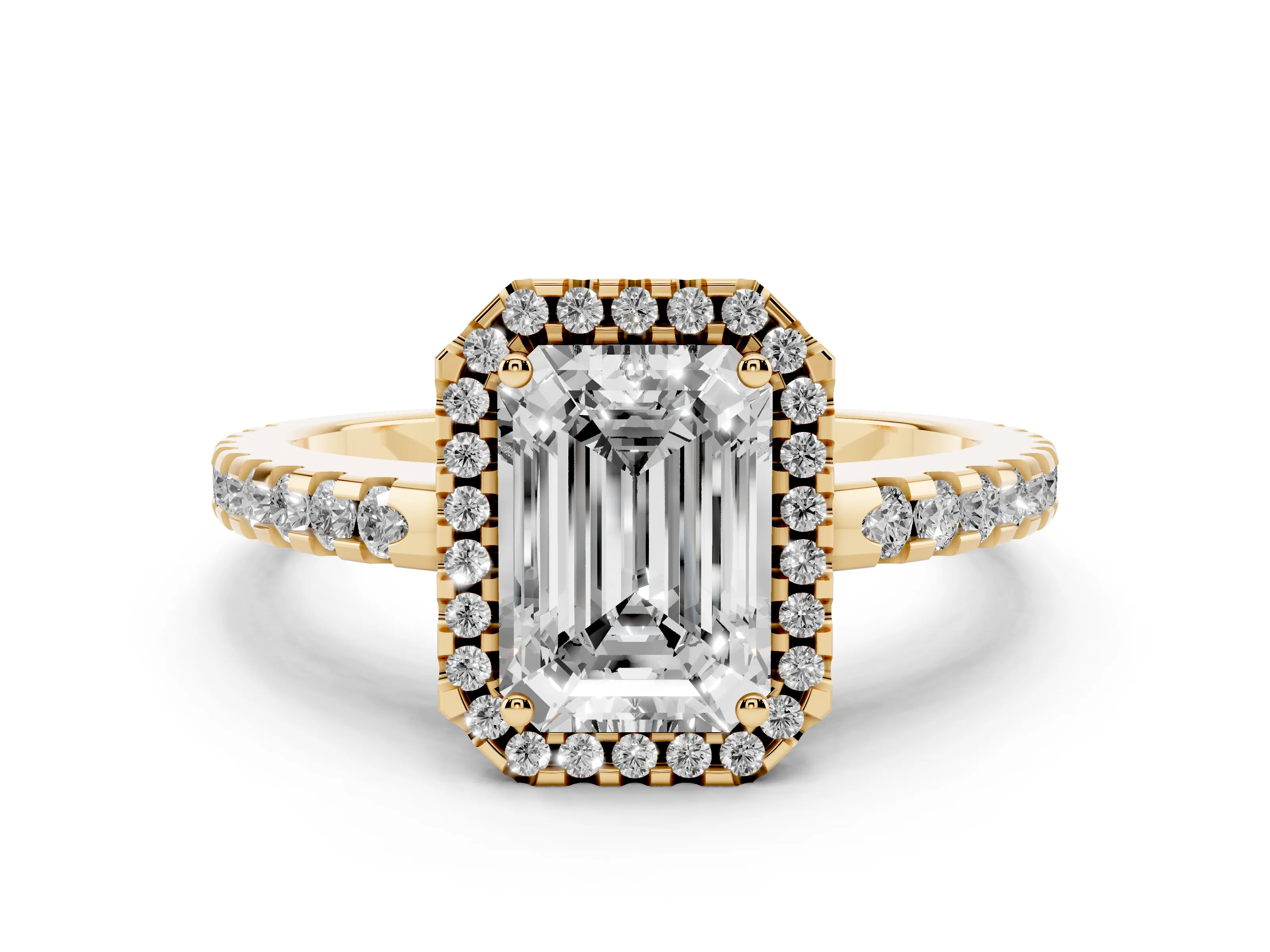 Emerald Cut Diamond Halo Ring Set in Yellow gold with Pavé Shoulders and Halo-Framed Center