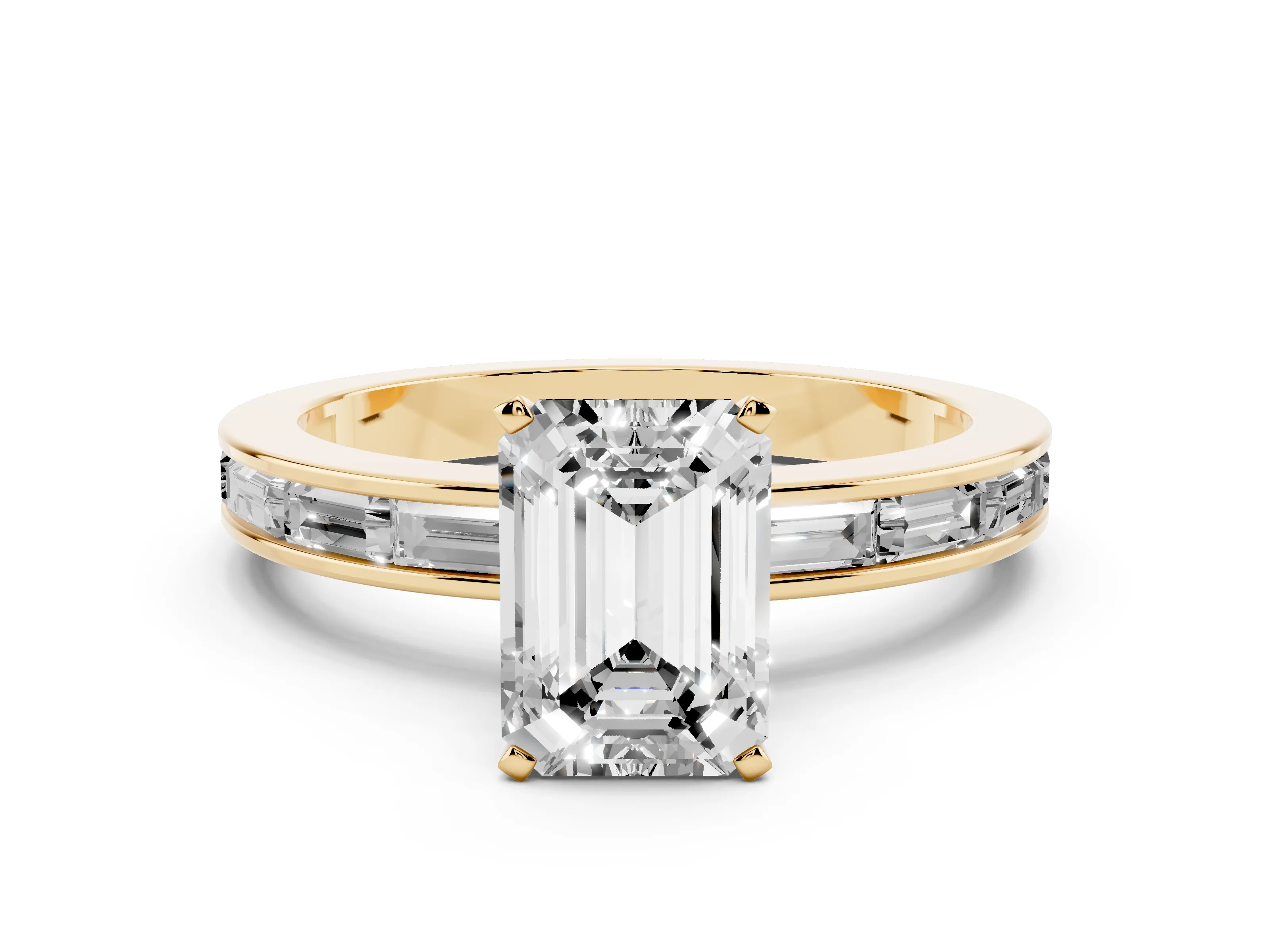 Emerald Cut Diamond Solitaire Ring Set in Yellow gold with Channel-Set Baguette Band and Prong Setting