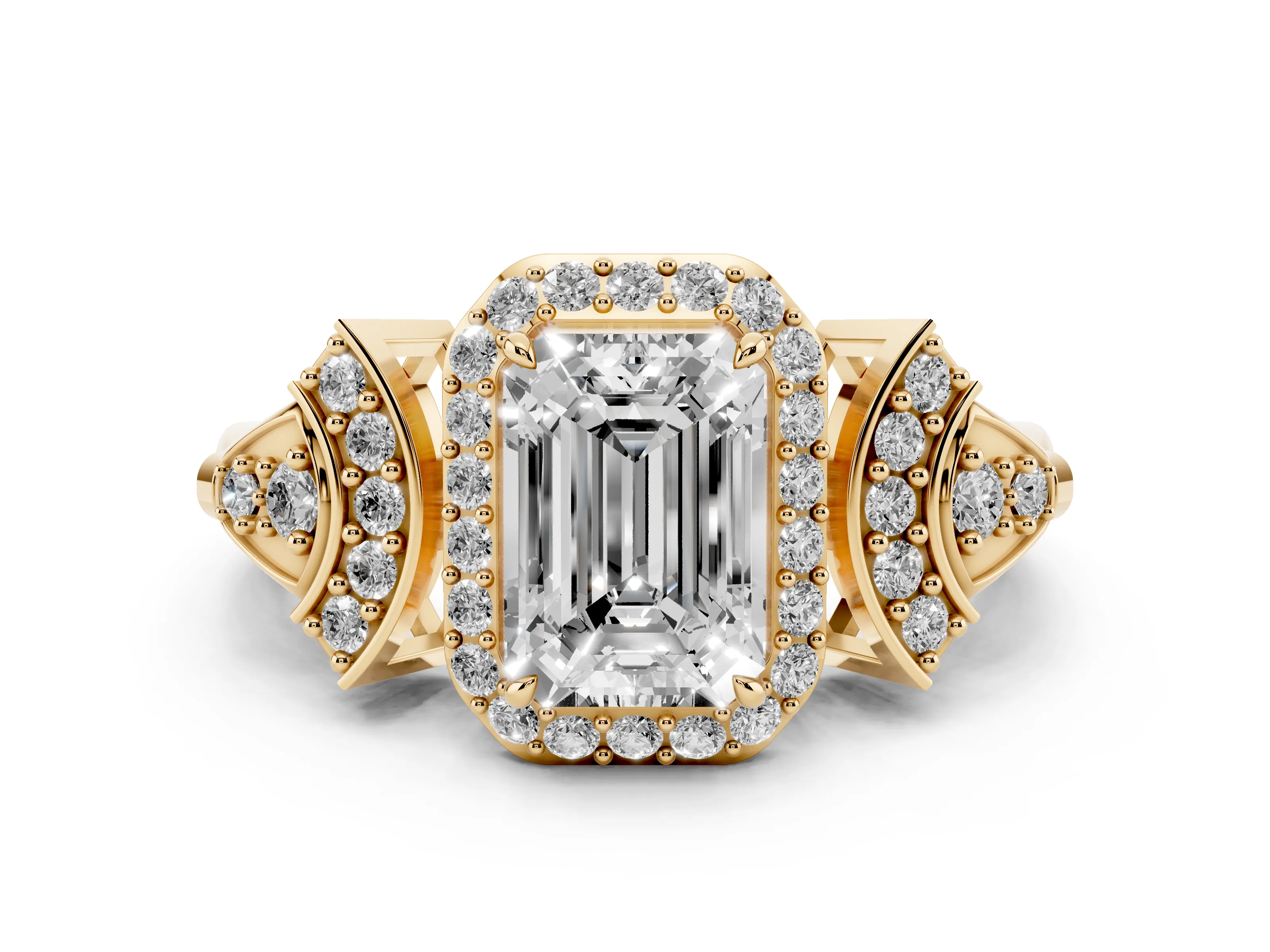Emerald Cut Diamond Halo Engagement Ring Set in Yellow gold with Accent Stone Split Shank