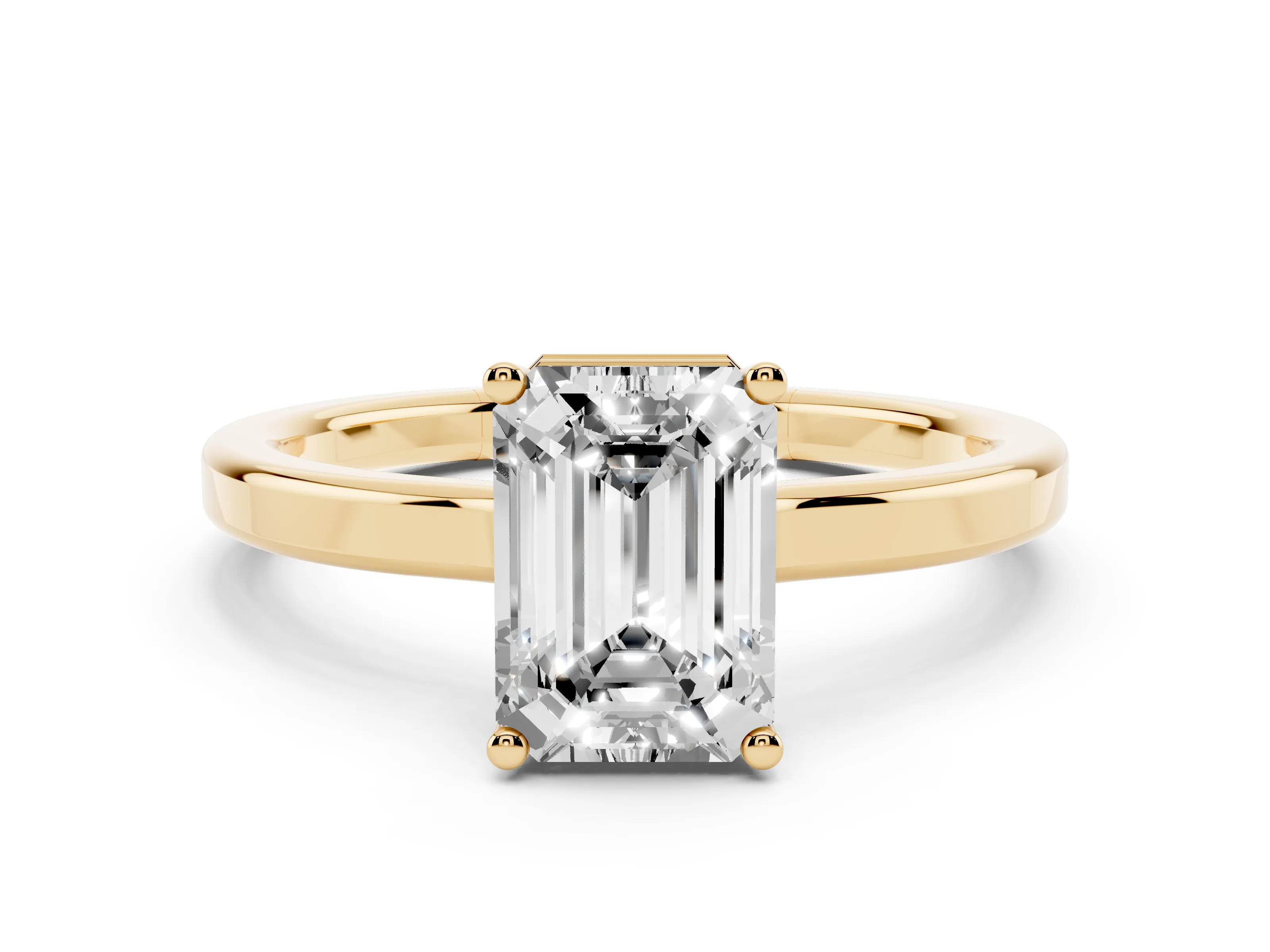 Emerald Cut Diamond Solitaire Engagement Ring Set in Yellow gold with Prong Setting on a Plain Band