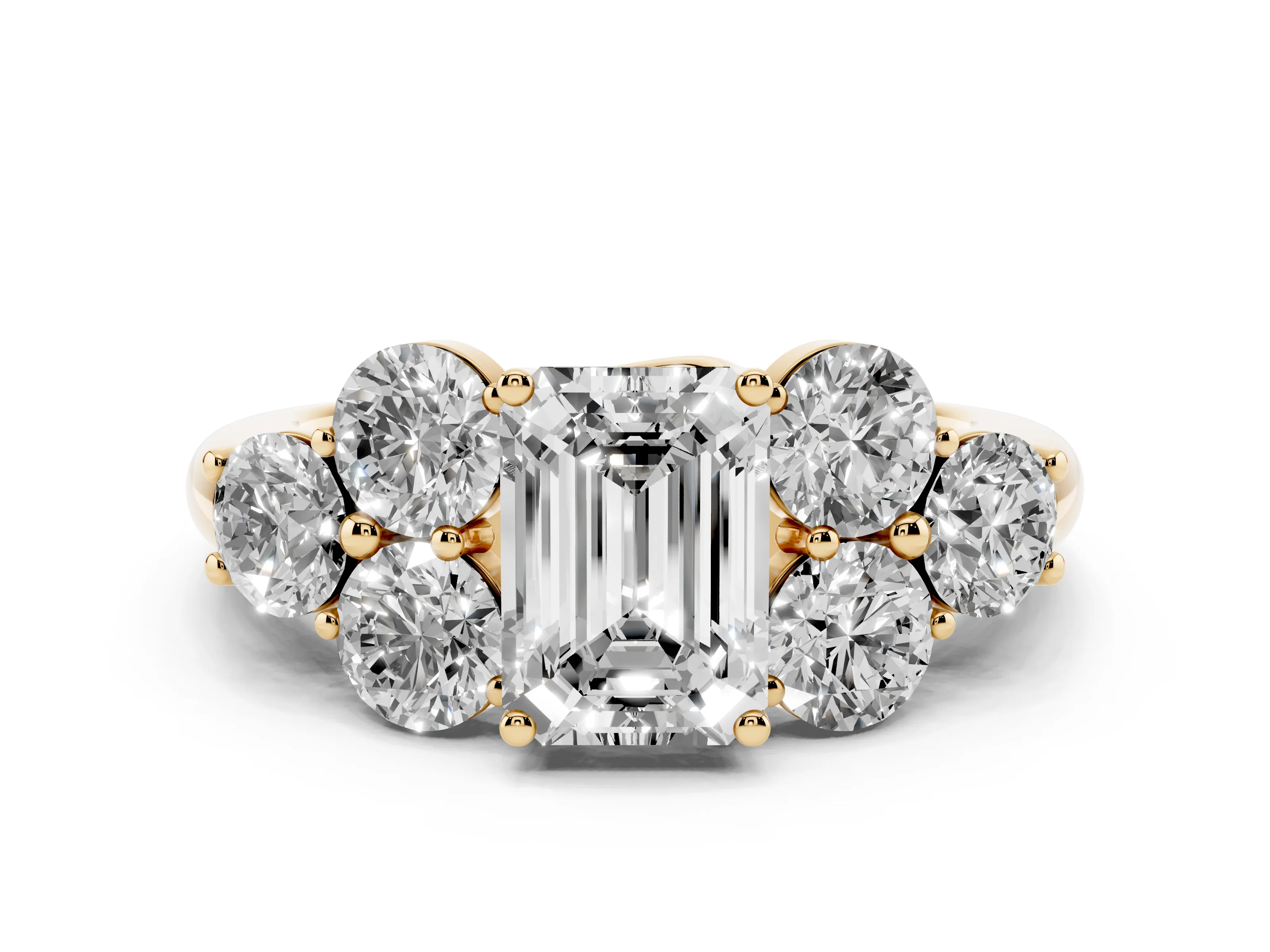 Emerald Cut Diamond Cluster Ring Set in Yellow gold with Round Accent Stones and Prong Setting on a Plain Band