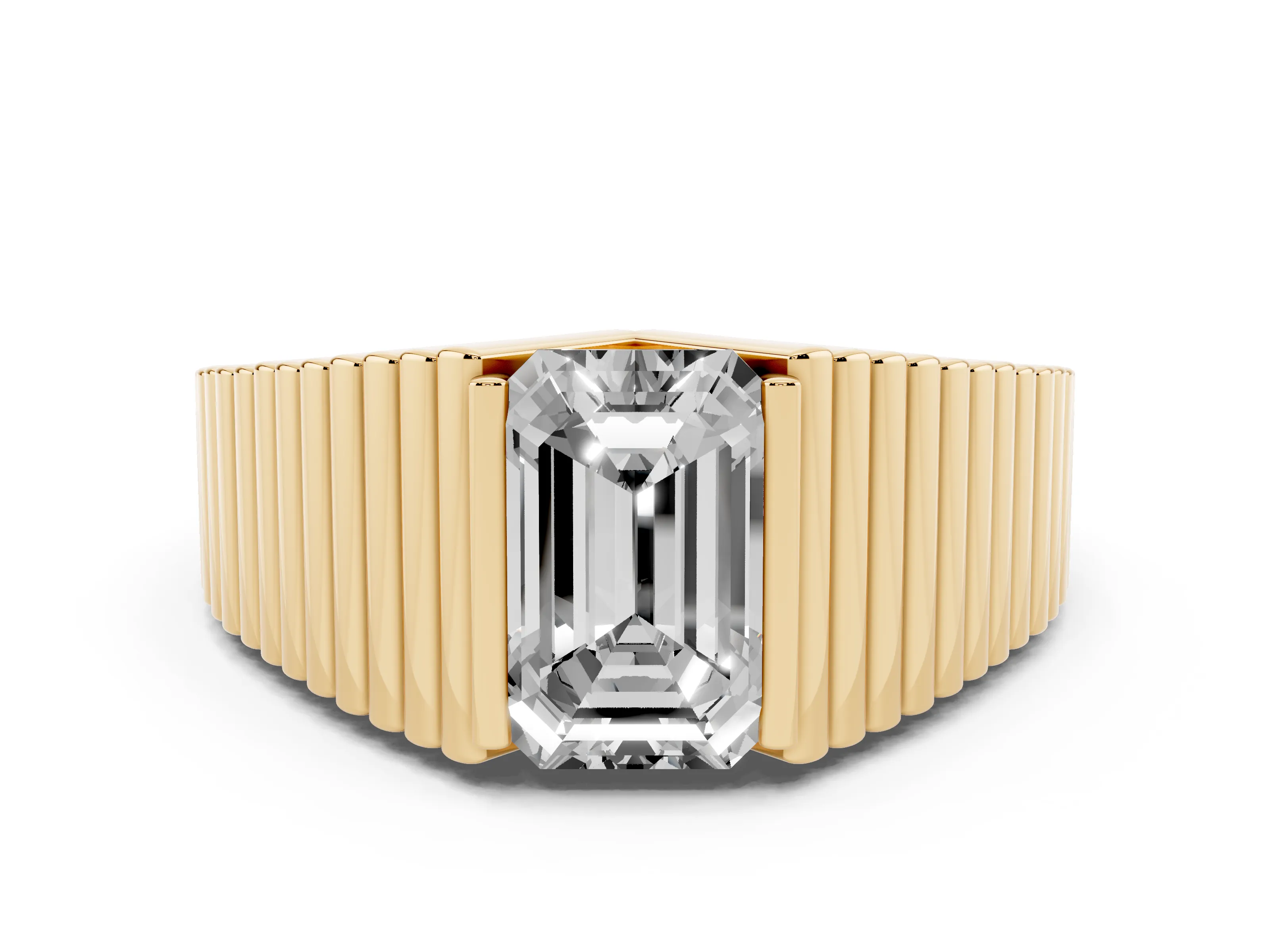 Emerald Cut Diamond Mens Ring Set in Yellow gold with Fluted Band
