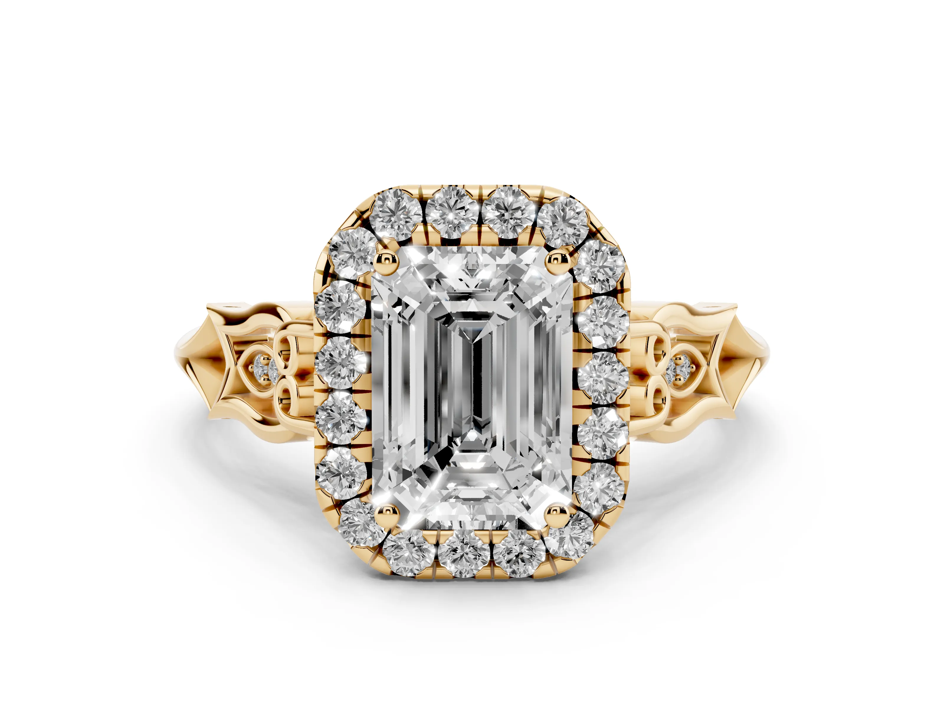 Emerald Cut Diamond Halo Engagement Ring Set in Yellow gold with Filigree Band and Prong-Set Center
