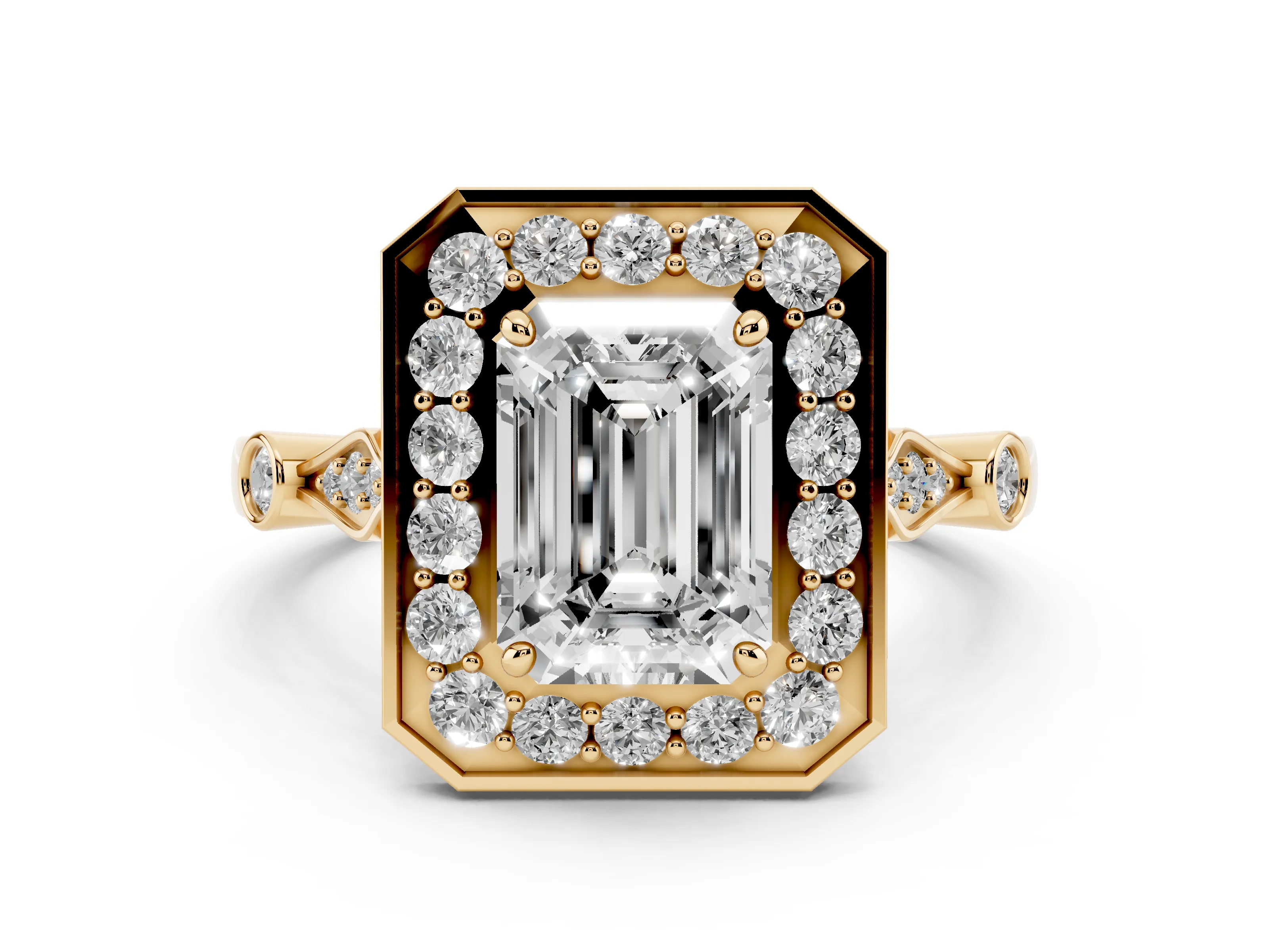 Emerald Cut Diamond Halo Engagement Ring Set in Yellow gold with Twisted Band and Prong Setting