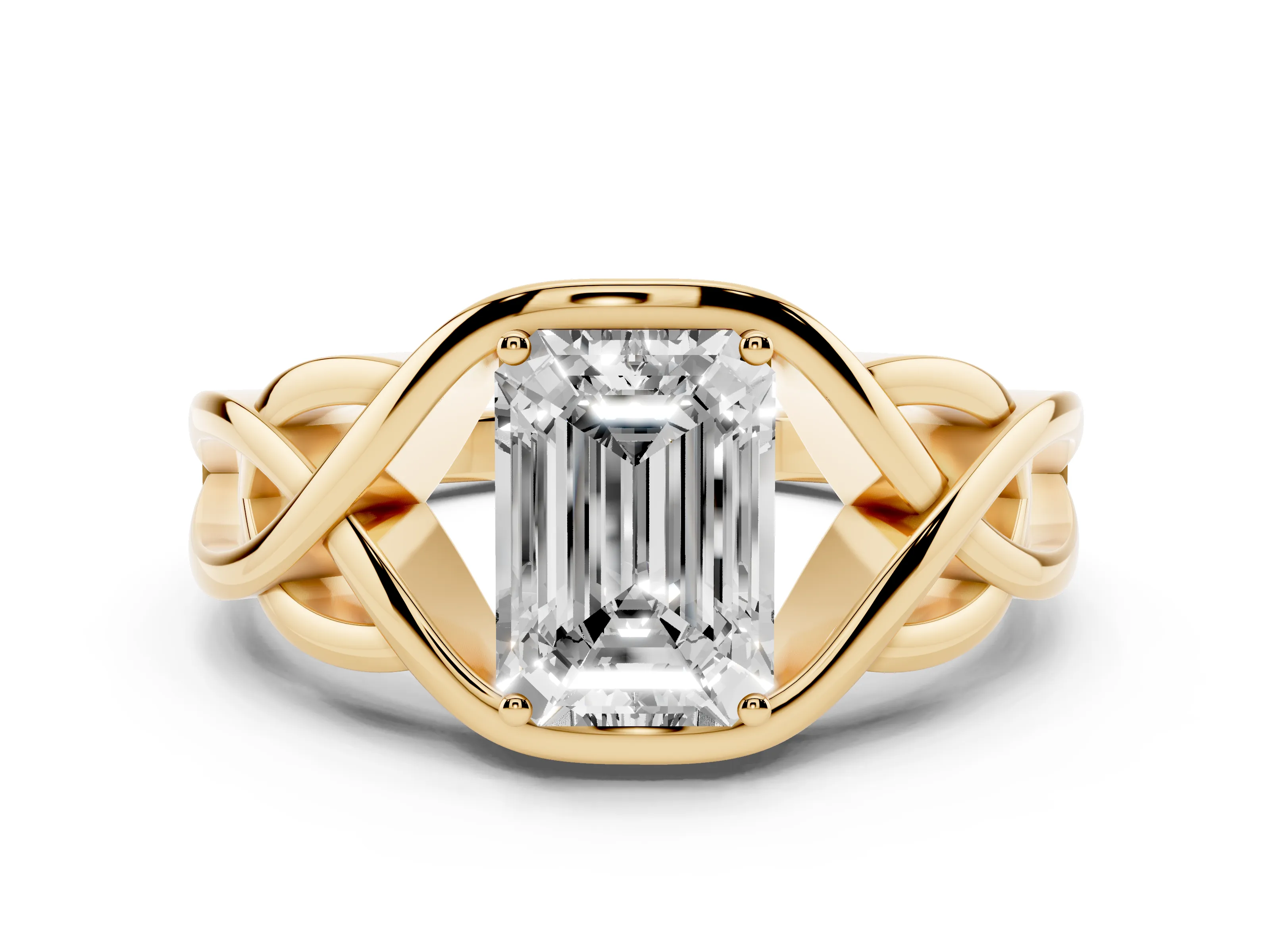 Emerald Cut Diamond Solitaire Ring Set in Yellow gold with Intertwined Band
