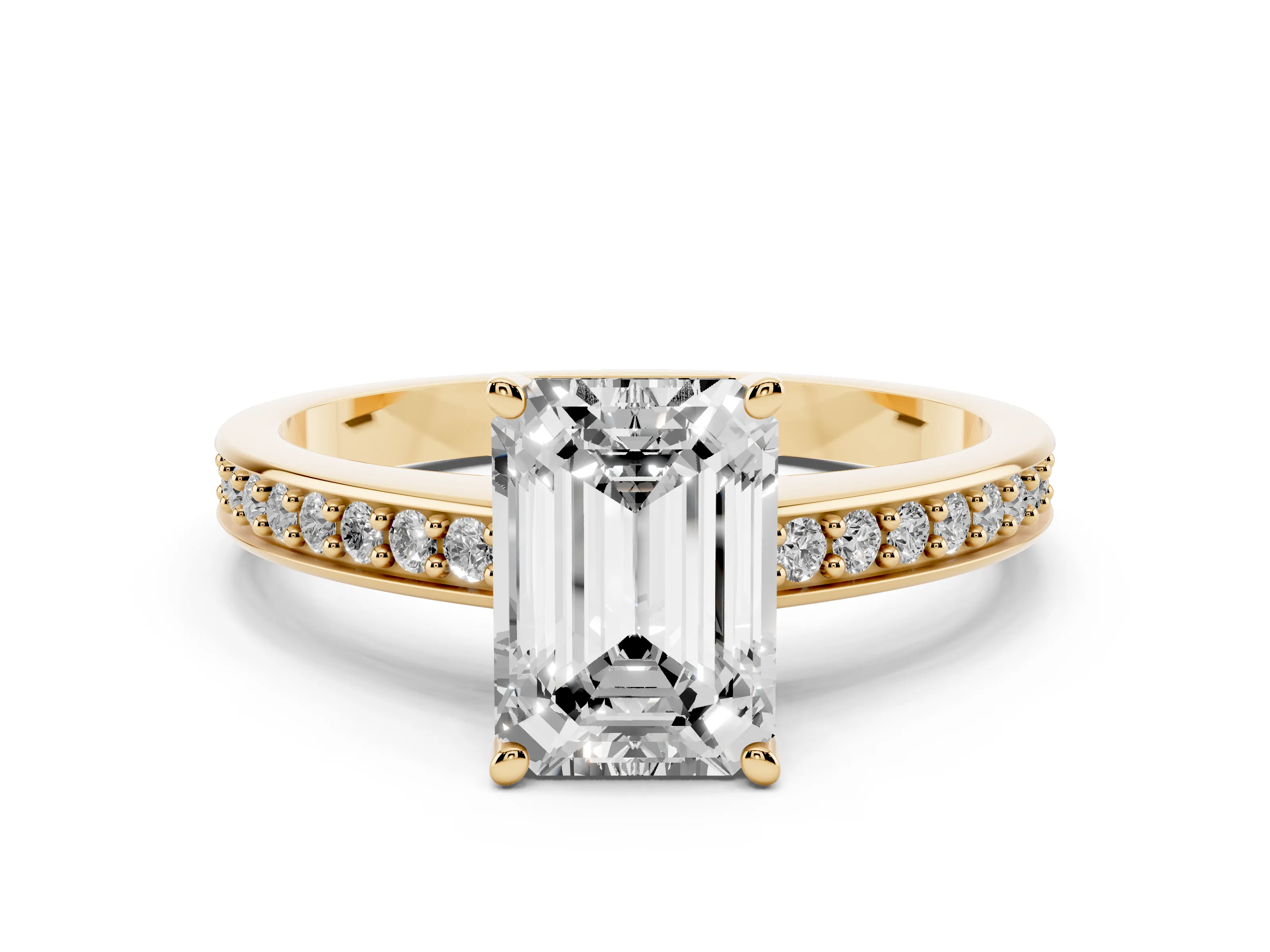 Emerald Cut Diamond Pavé Band Prong Set Solitaire Ring Set in Yellow gold