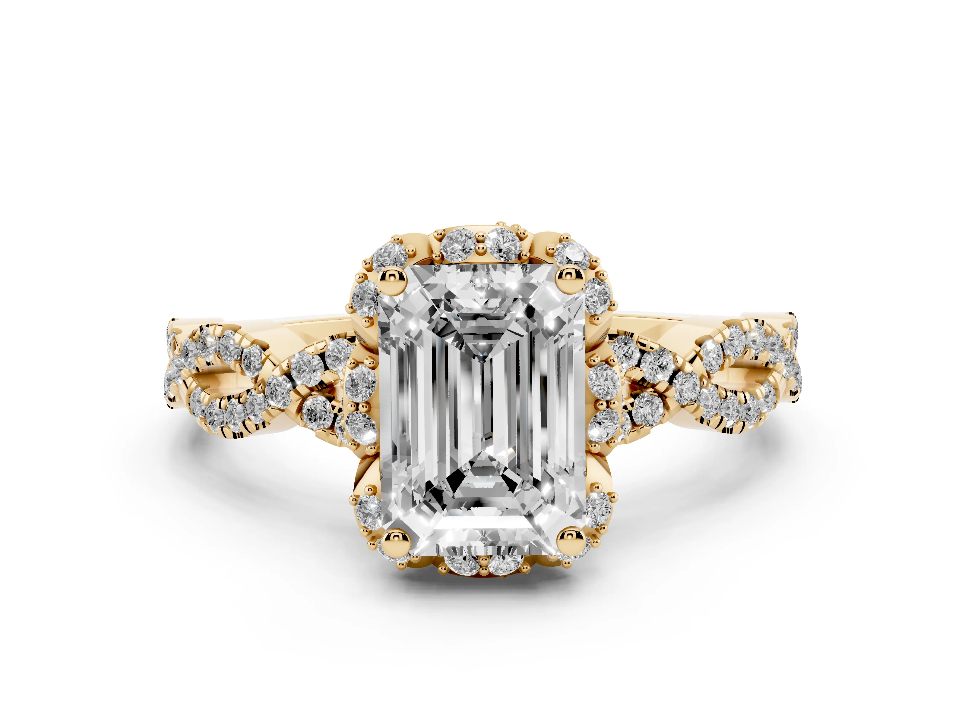Emerald Cut Diamond Halo Twist Band Solitaire Ring Set in Yellow gold with Prong-Set Center Stone