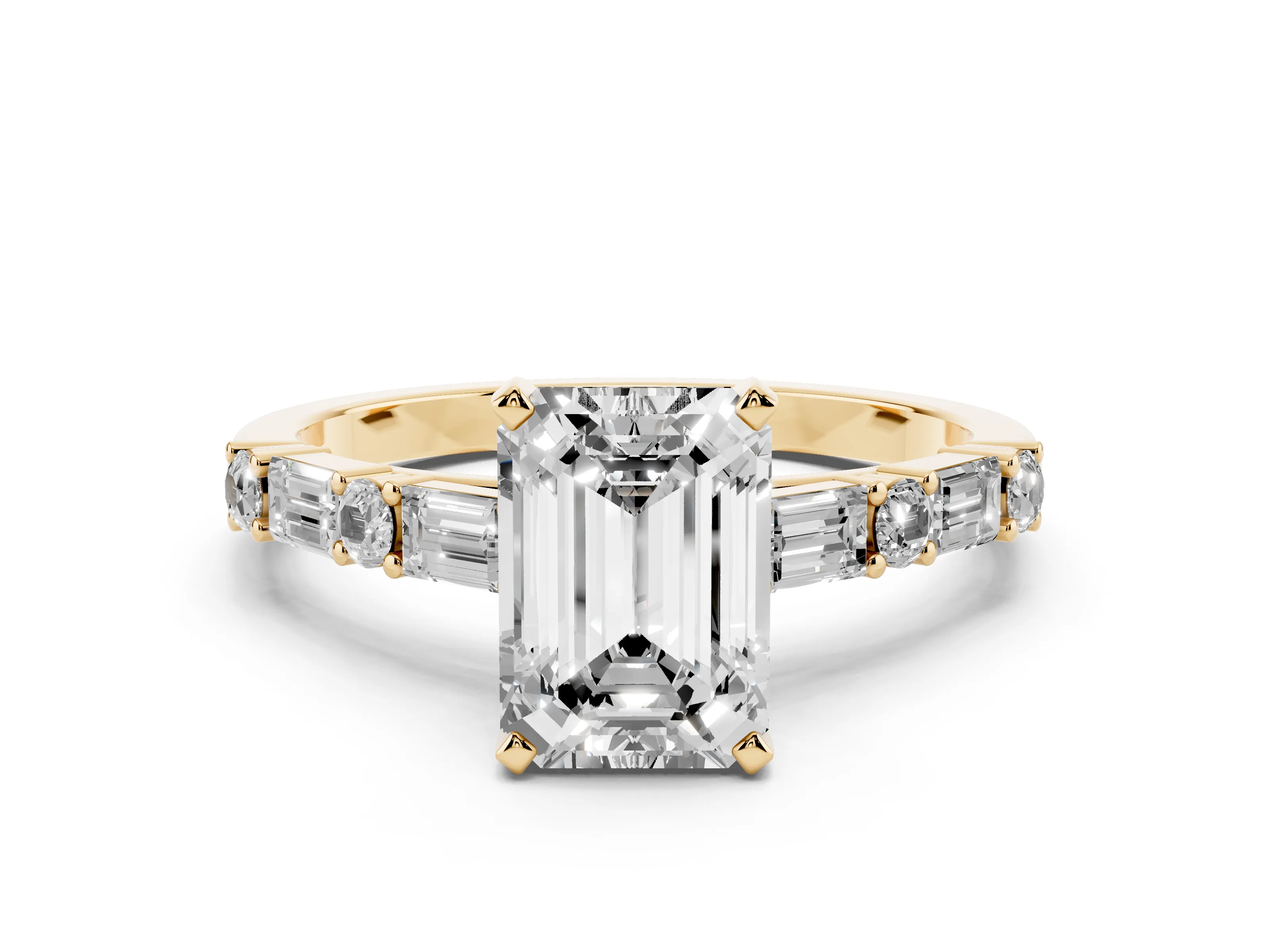 Emerald Cut Diamond Solitaire Set in Yellow gold with Side Baguettes and Channel Set Band