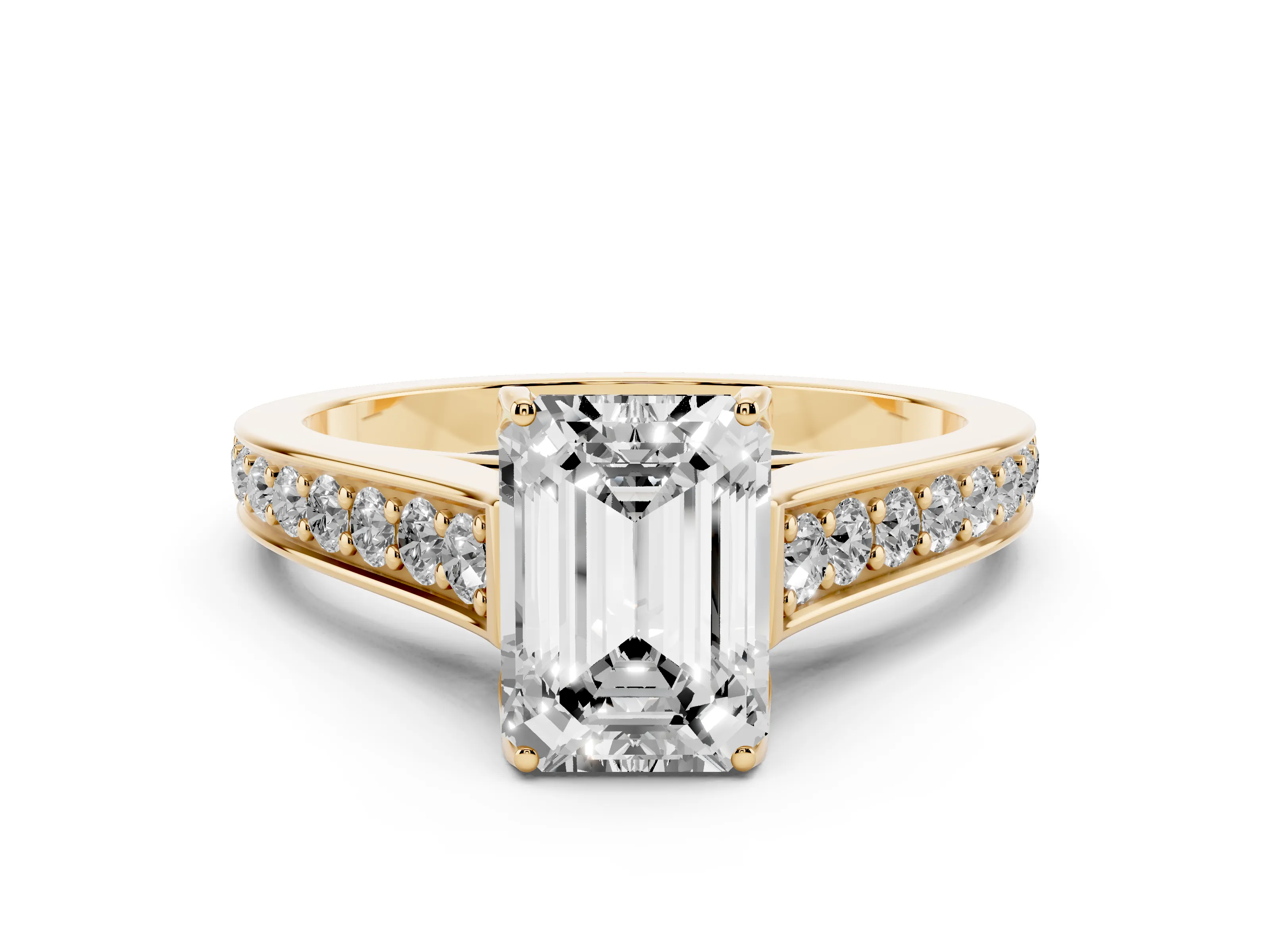 Emerald Cut Diamond Solitaire Pavé Engagement Ring Set in Yellow gold with Prong Setting