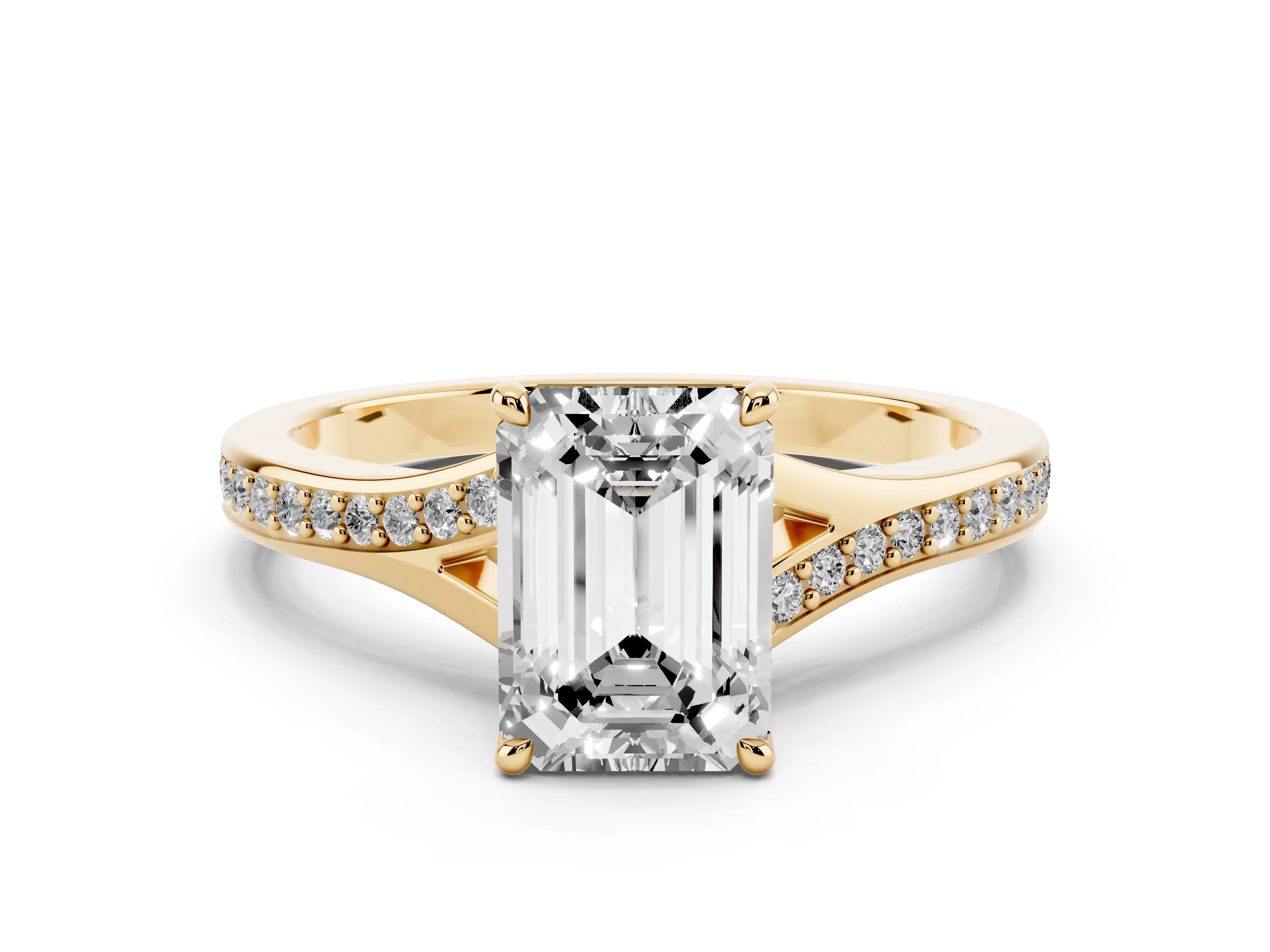Emerald Cut Diamond Solitaire Ring Set in Yellow gold with Pavé Accent Band and Classic Prong Setting