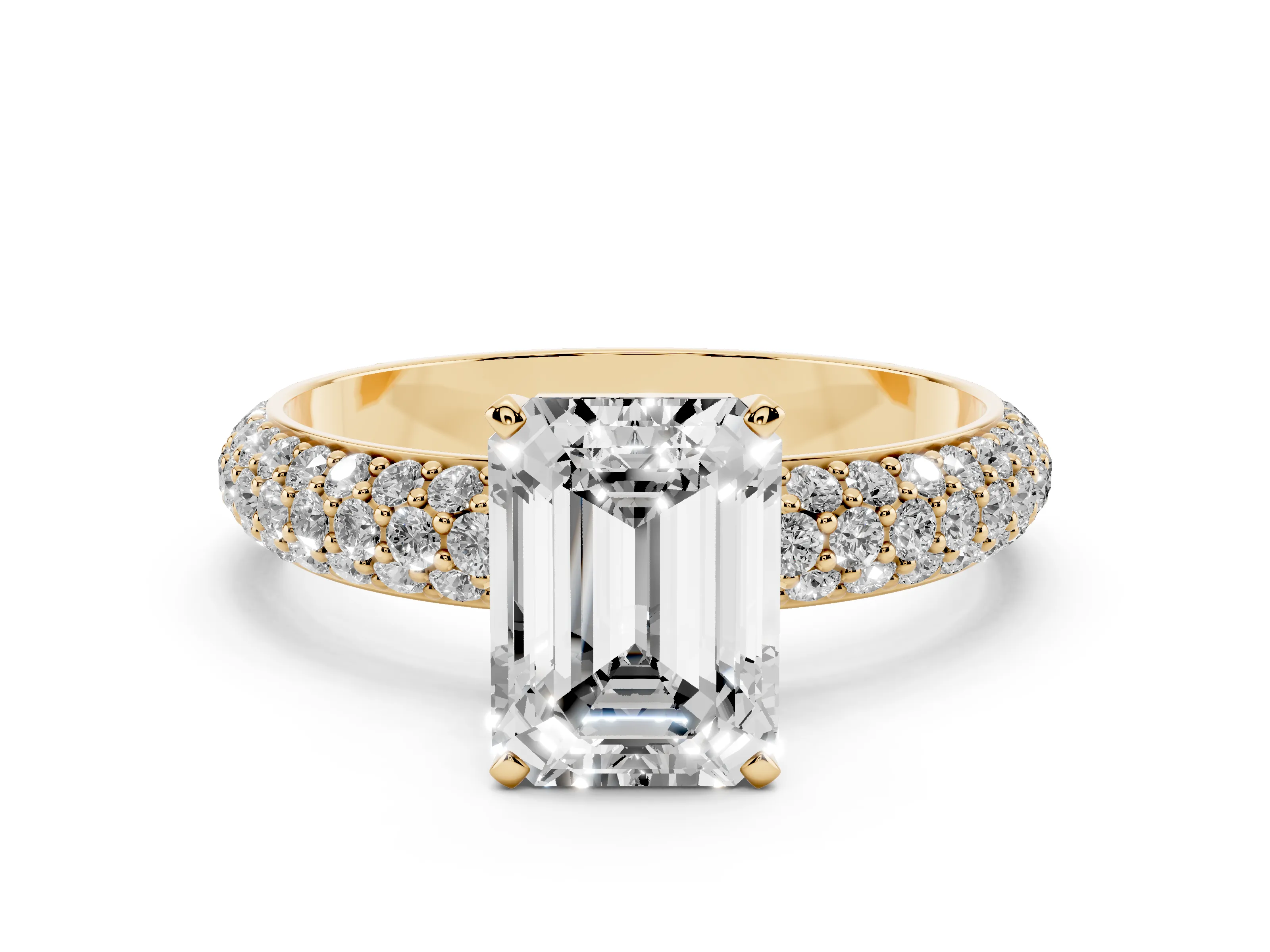 Emerald Cut Diamond Solitaire Ring Set in Yellow gold with Prong Setting and Pavé-Set Band