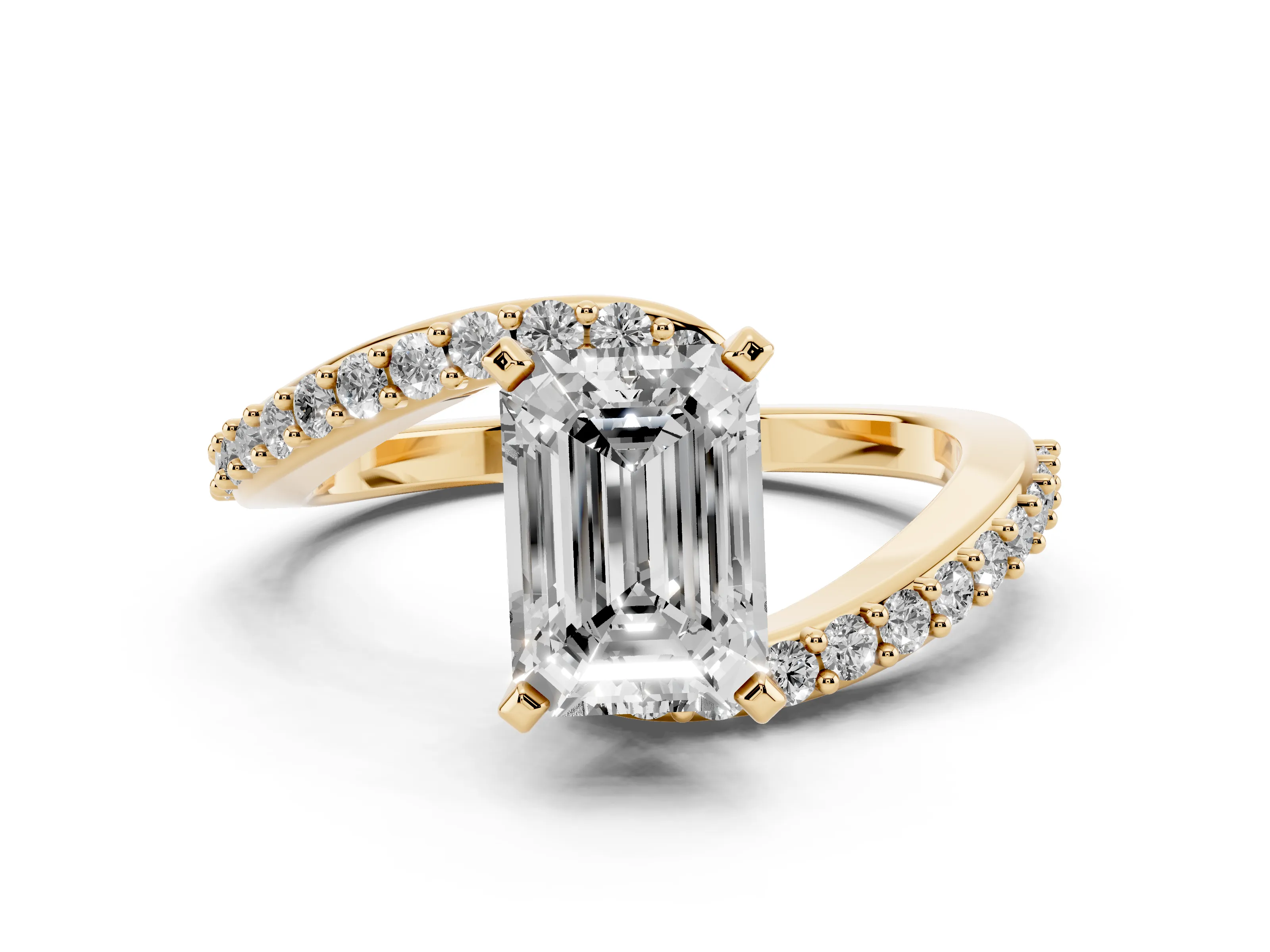 Emerald Cut Diamond Solitaire Ring Set in Yellow gold with Pavé Twist Band and Prong Setting