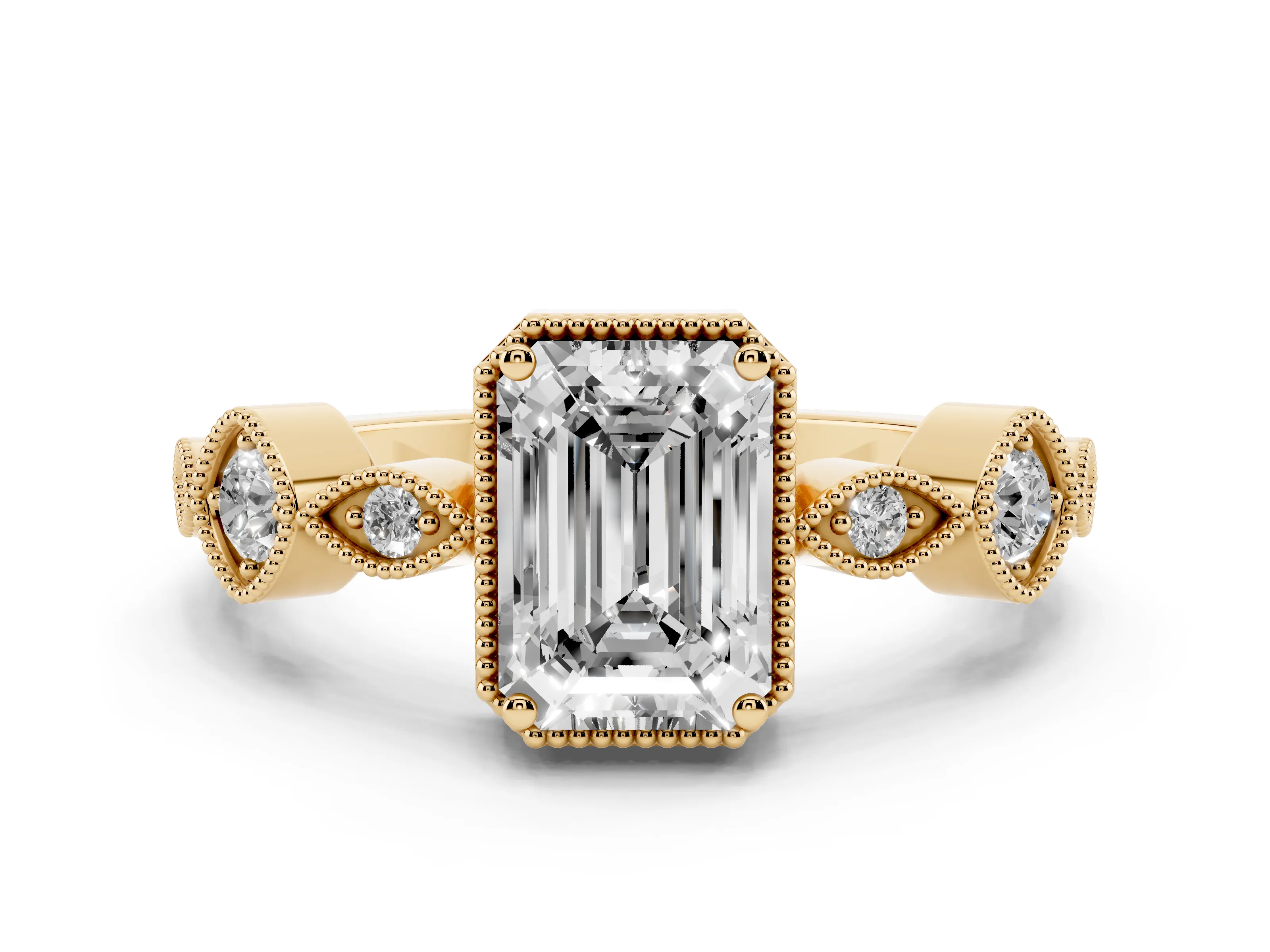 Emerald Cut Diamond Vintage-Inspired Milgrain Ring Set in Yellow gold with Marquise Stations of Round Accents
