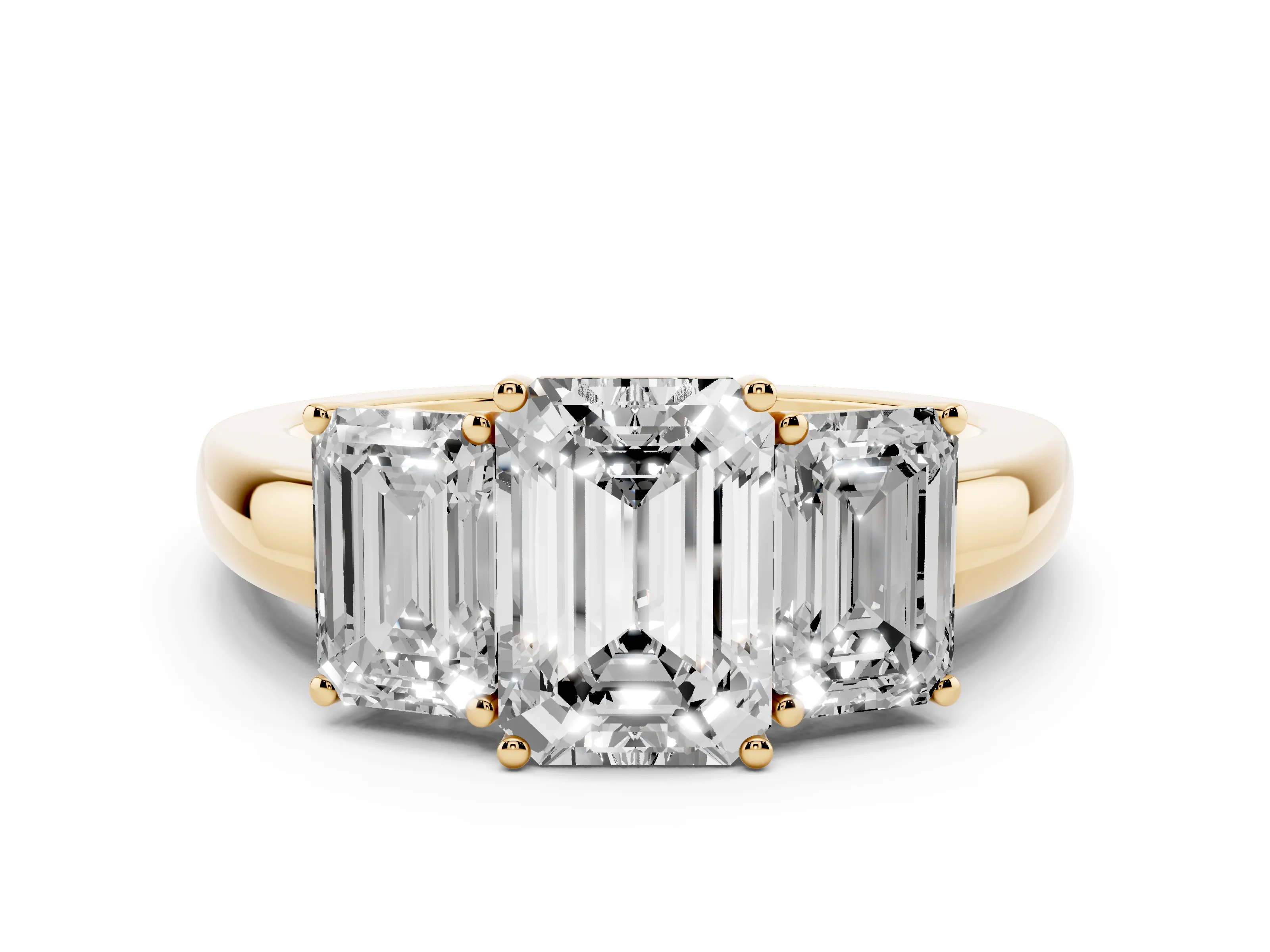 Emerald Cut Diamond Three-Stone Ring Set in Yellow gold with Bold Center and Classic Band