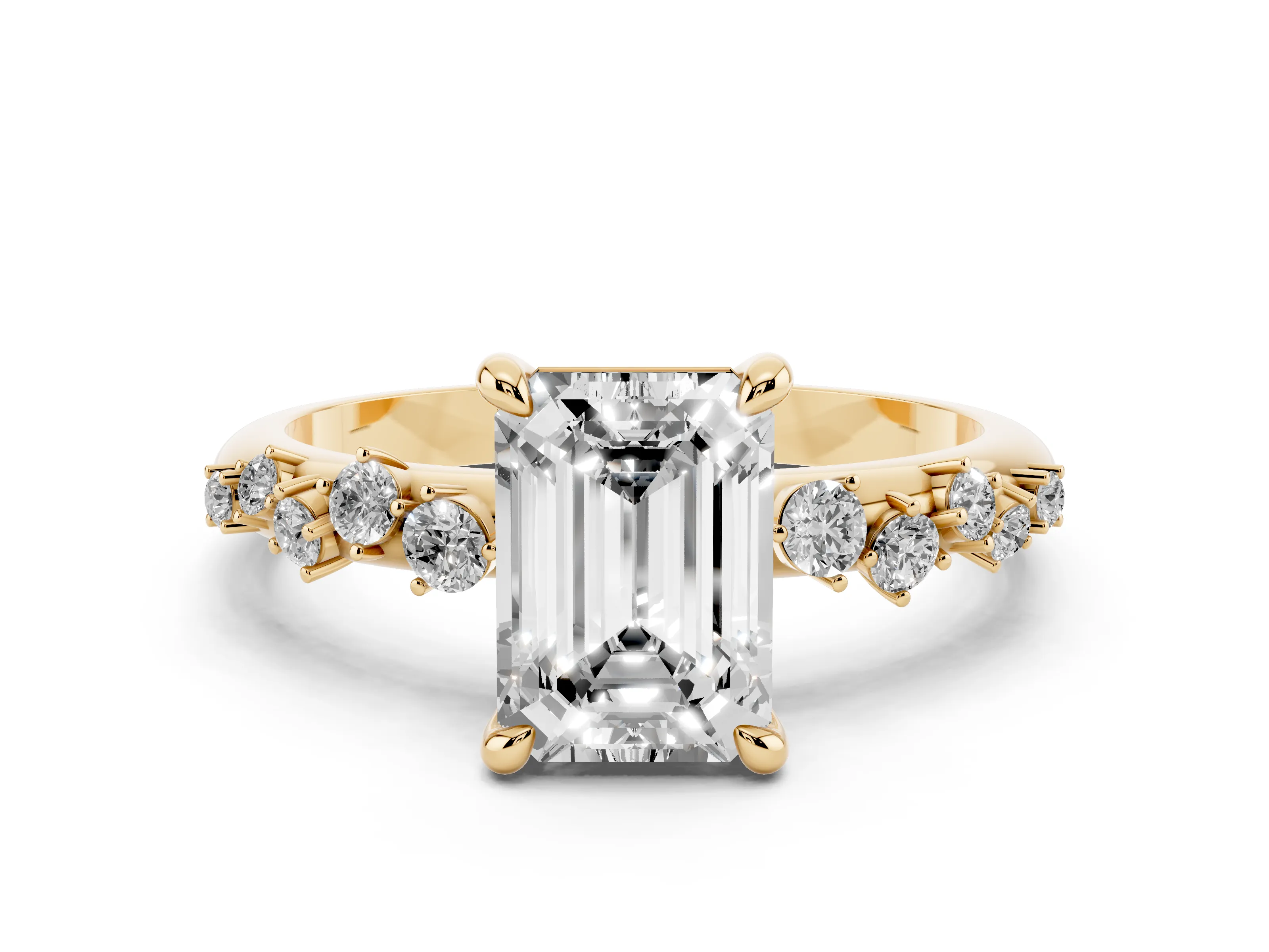 Emerald Cut Diamond Solitaire Vine Band Ring Set in Yellow gold with Round Accents and Prong Setting