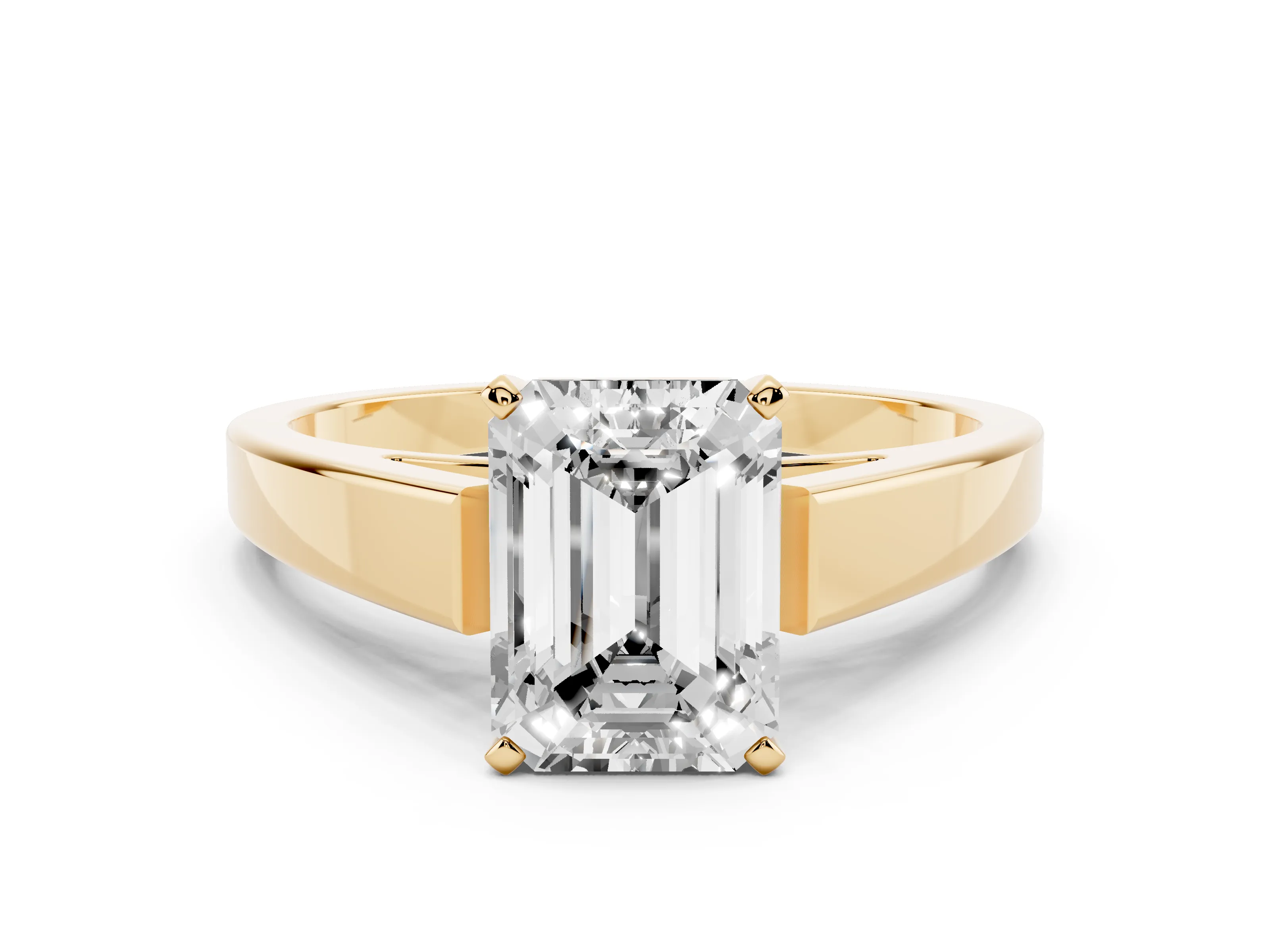 Emerald Cut Diamond Solitaire Engagement Ring Set in Yellow gold with Prong Setting and Tapered Band