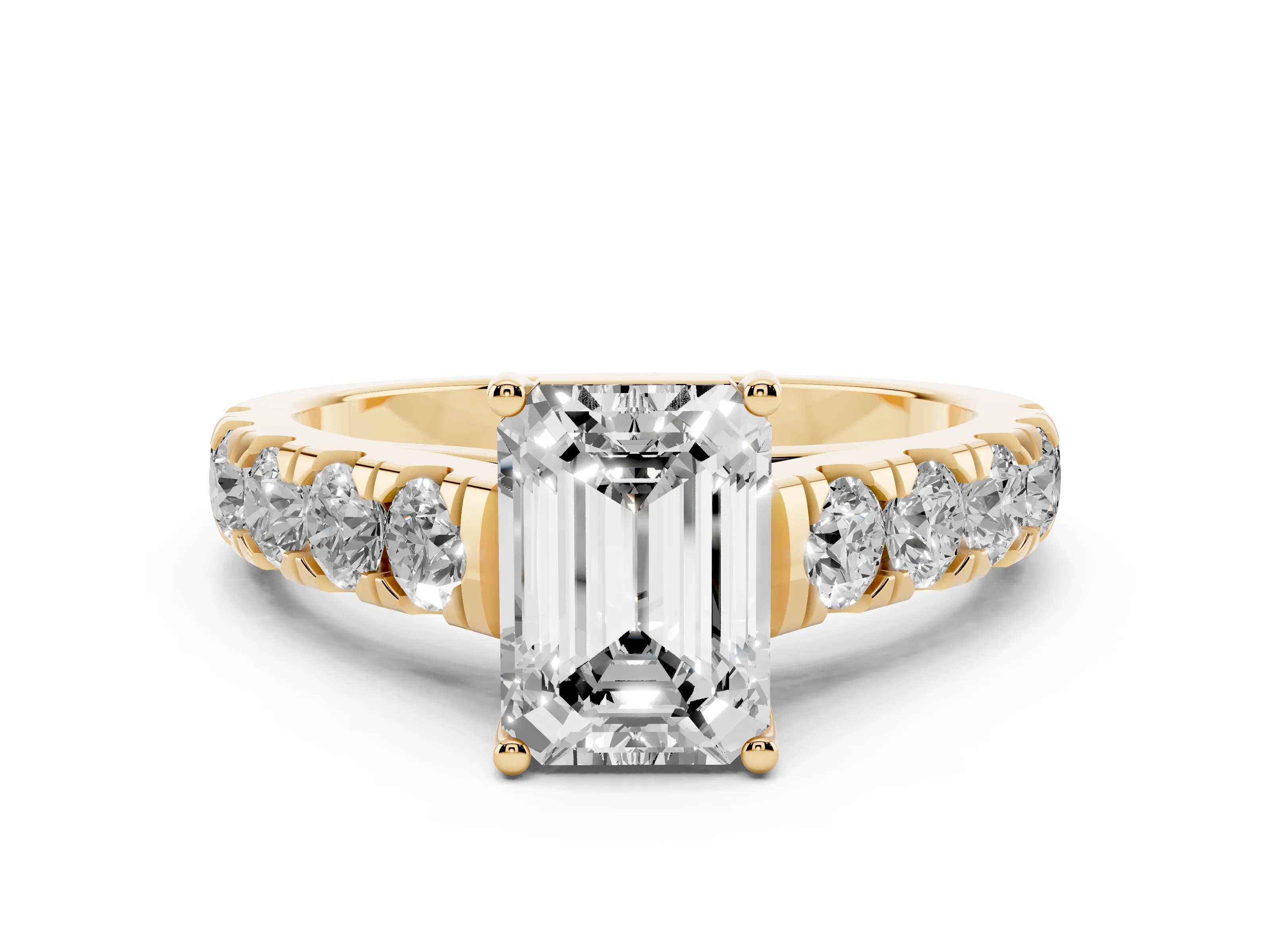 Emerald Cut Diamond Solitaire Ring Set in Yellow gold with Cut-Down Micro Pavé Band and Prong Setting
