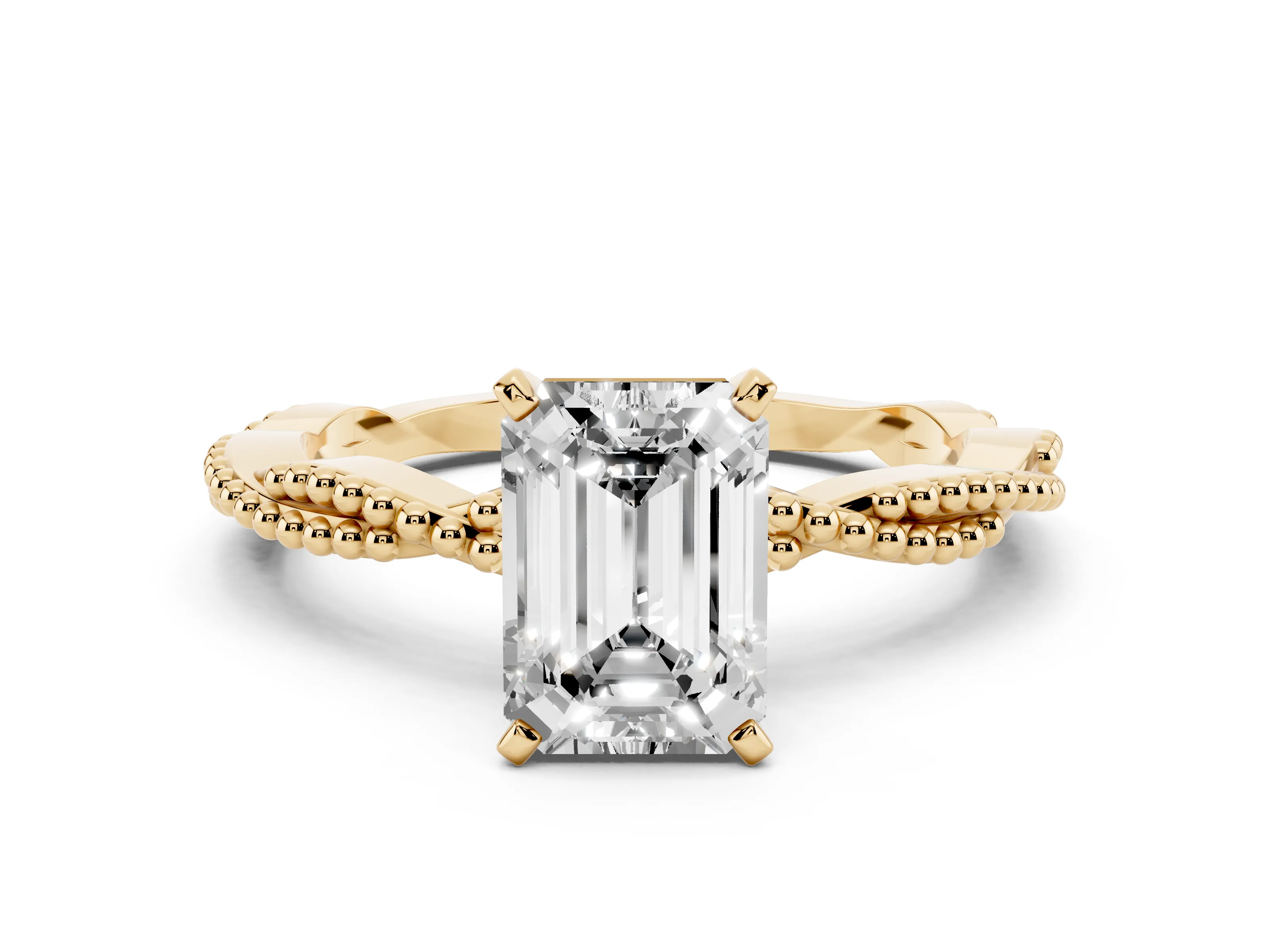 Emerald Cut Diamond Solitaire Ring Set in Yellow gold with Twisted Band and Bead Prong Setting