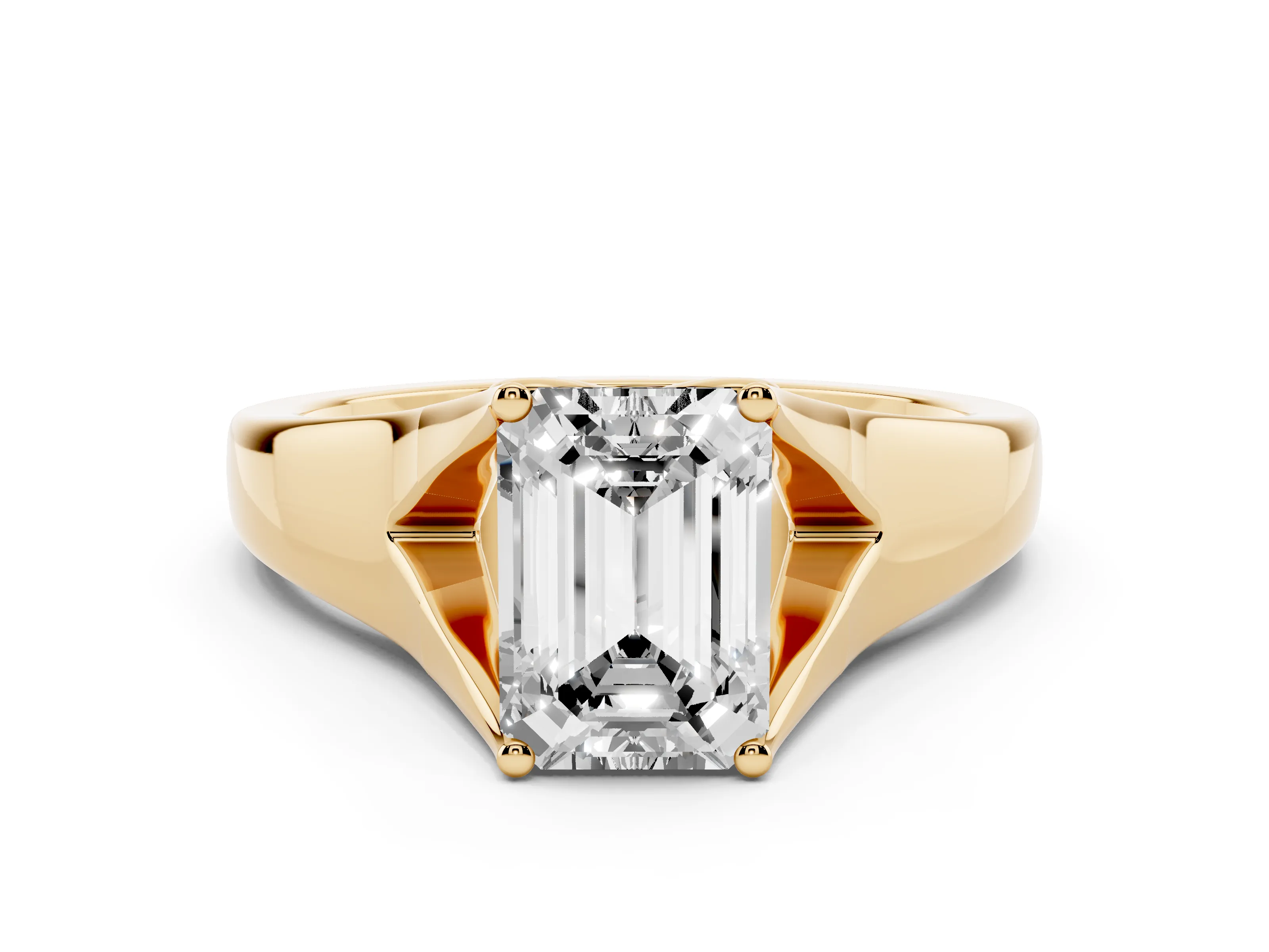 Emerald Cut Diamond Solitaire Ring Set in Yellow gold with Arched Cathedral Band and Prong Setting