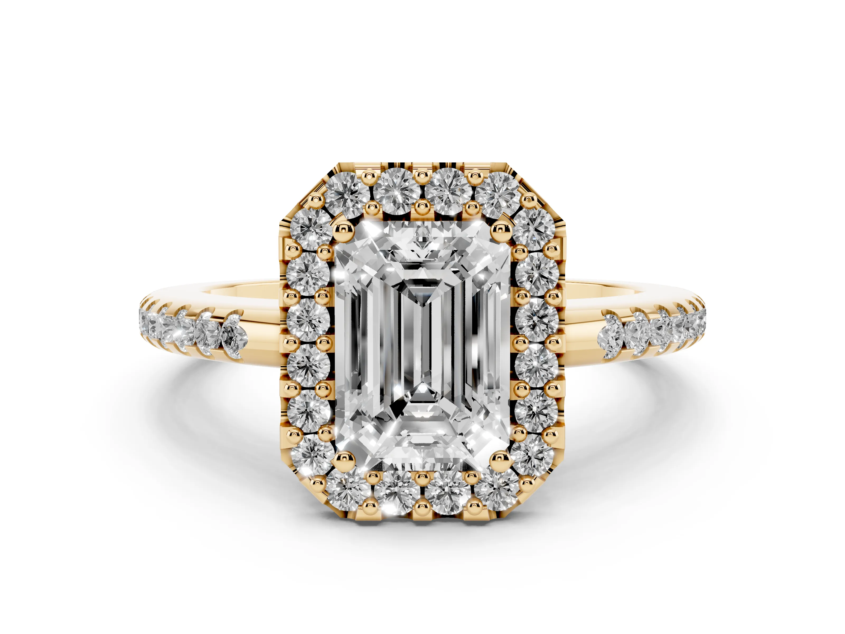 Emerald Cut Diamond Pavé Halo Ring Set in Yellow gold with Prong Setting