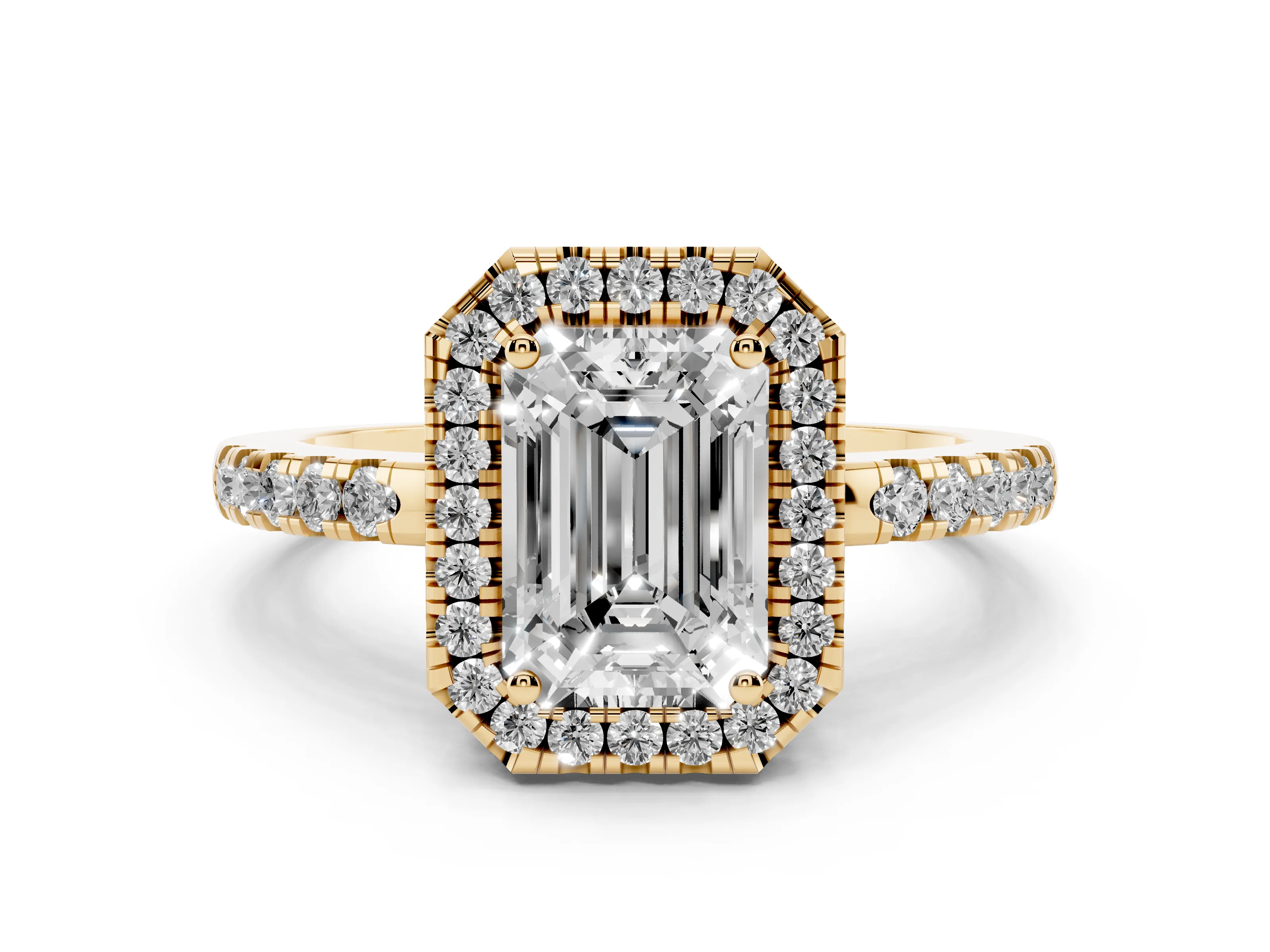 Emerald Cut Diamond Pavé Band Halo Engagement Ring Set in Yellow gold with Prong Setting