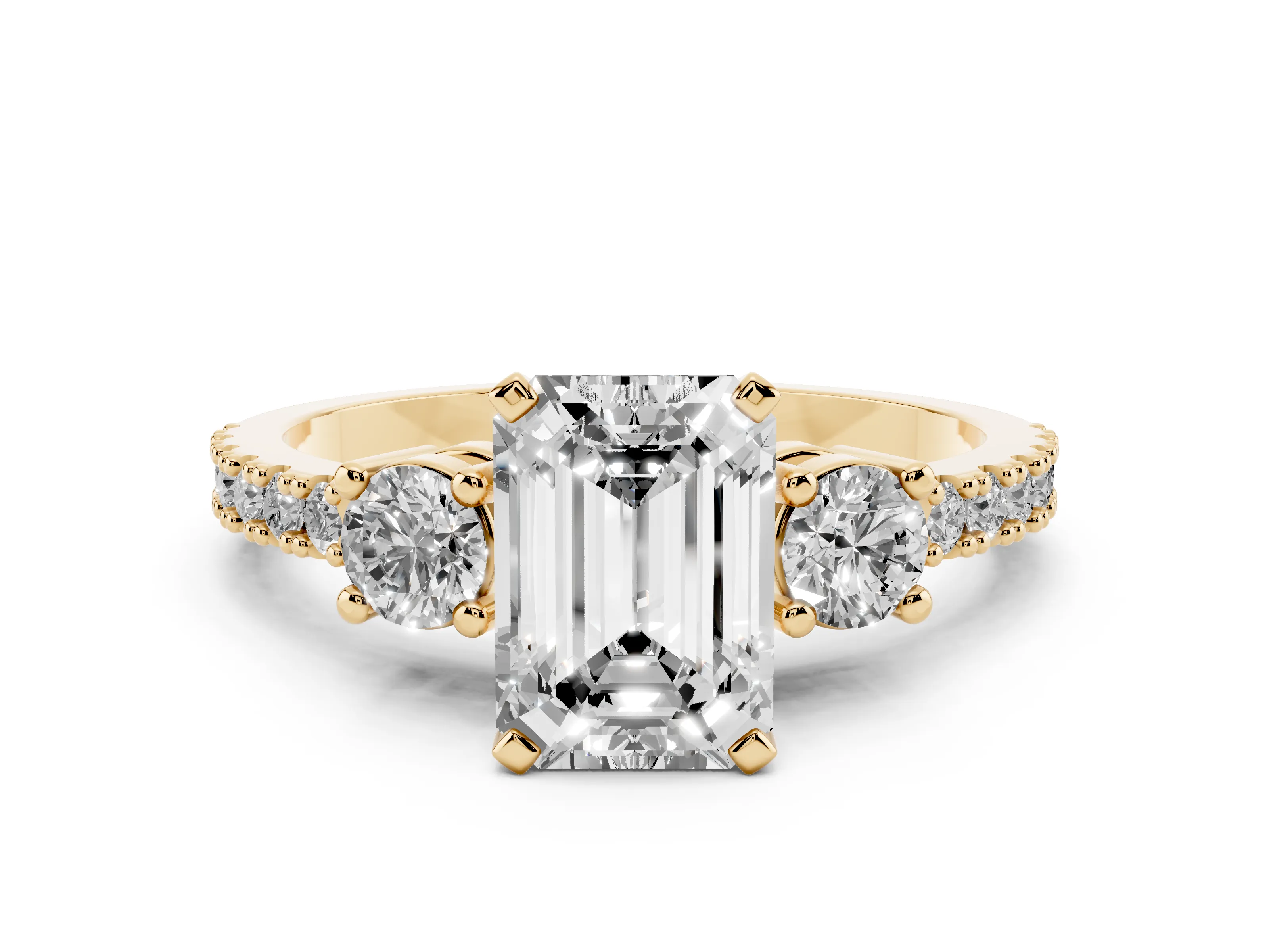 Three-Stone Emerald Cut Diamond Pavé Band Ring Set in Yellow gold with Prong Setting