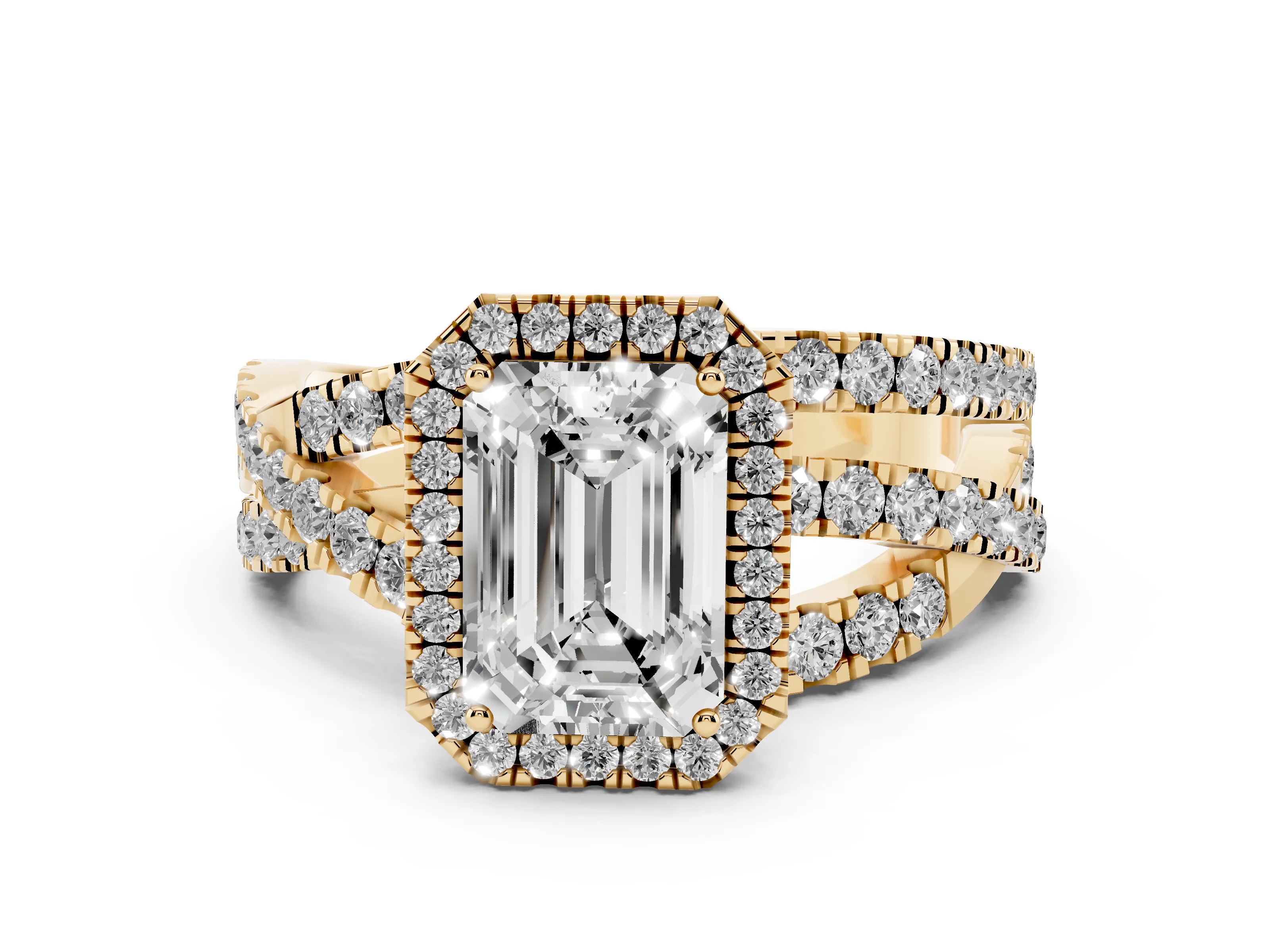 Emerald Cut Diamond Halo Ring Set in Yellow gold with Round Crossover Split Shank and Prong Setting