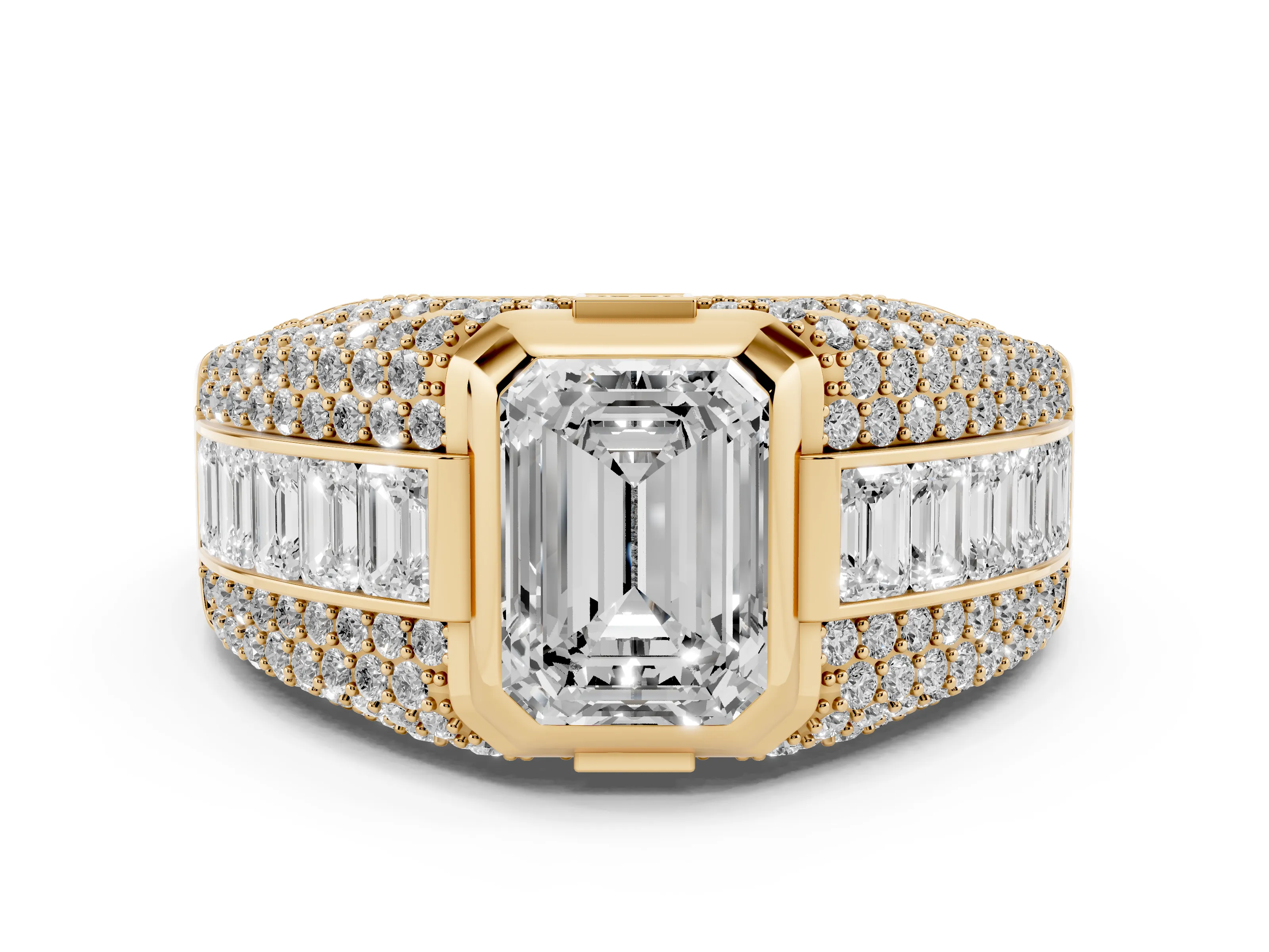 Emerald Cut Diamond Mens Ring Set in Yellow gold with Structured Side Stones and Pavé Shoulders